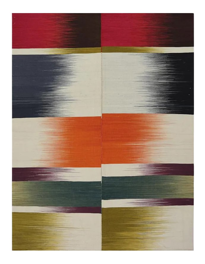 Handwoven Flatweave Scandinavian Style Persian Kilim Area Rug 4'11" X 6'4'': This remarkable contemporary Scandinavian Style Kilim area rug features a dramatic pop of electrifying colors in a playfully rich design. The innovative modern use of colors certainly brings a