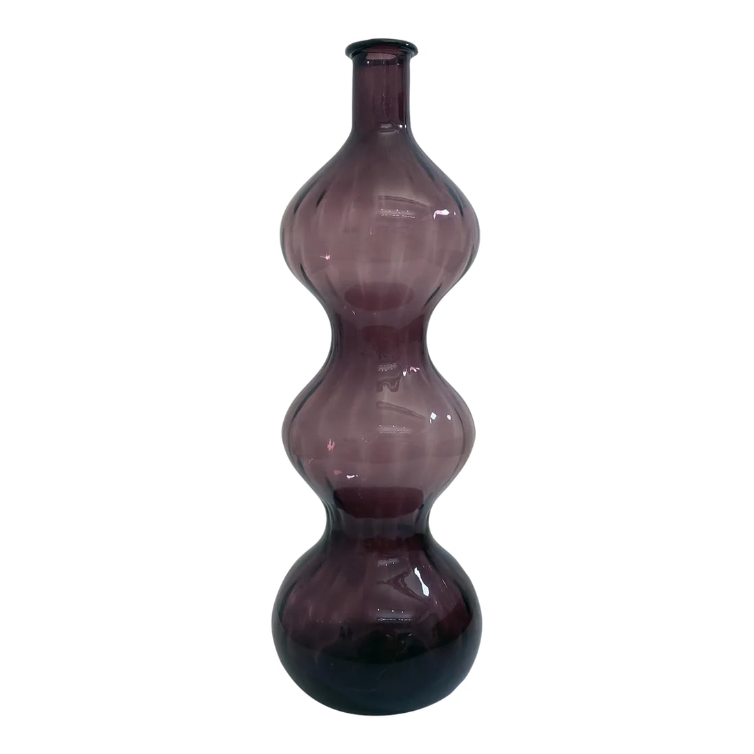 Vintage Italian 1960s Amethyst Ribbed Triple Gurgle Bottle: Vintage Italian Amethyst Ribbed Triple Gurgle Bottle 181/2"H x 6 1/2" Condition: Alterations: Original Condition Unaltered Imperfections: Some Imperfections Condition Notes: Many antique glass pieces