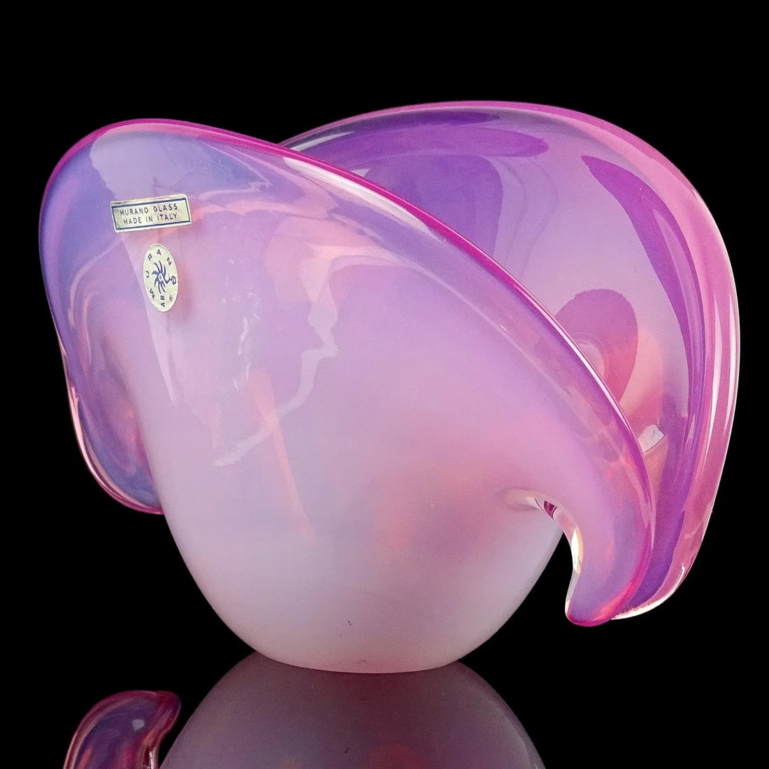 Vintage Cenedese Murano Label Double Position Opal Pink Italian Art Glass Seashell Bowl Vase - 6