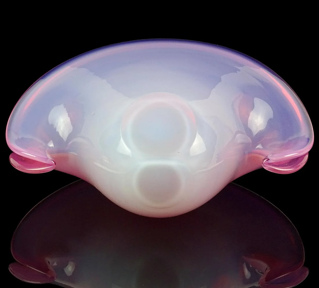 Vintage Cenedese Murano Label Double Position Opal Pink Italian Art Glass Seashell Bowl Vase - 7
