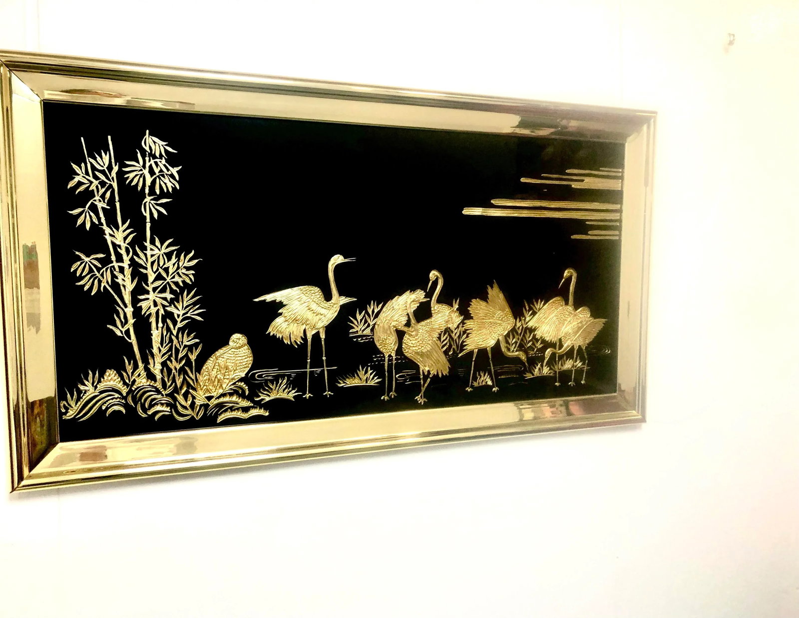 1960s Large Black Glass Chinoiserie Wall Art With Gold Herons - 2