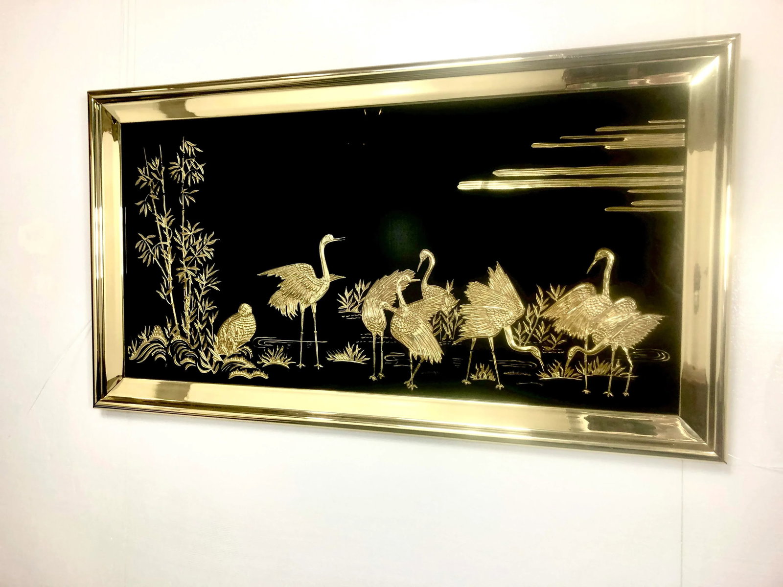 1960s Large Black Glass Chinoiserie Wall Art With Gold Herons - 3
