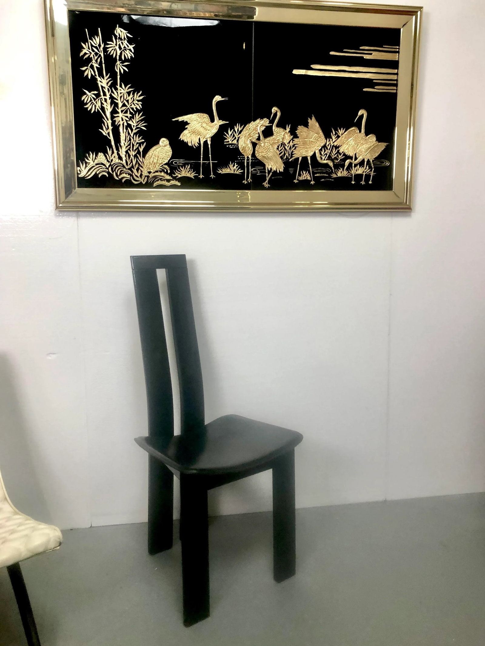 1960s Large Black Glass Chinoiserie Wall Art With Gold Herons - 4