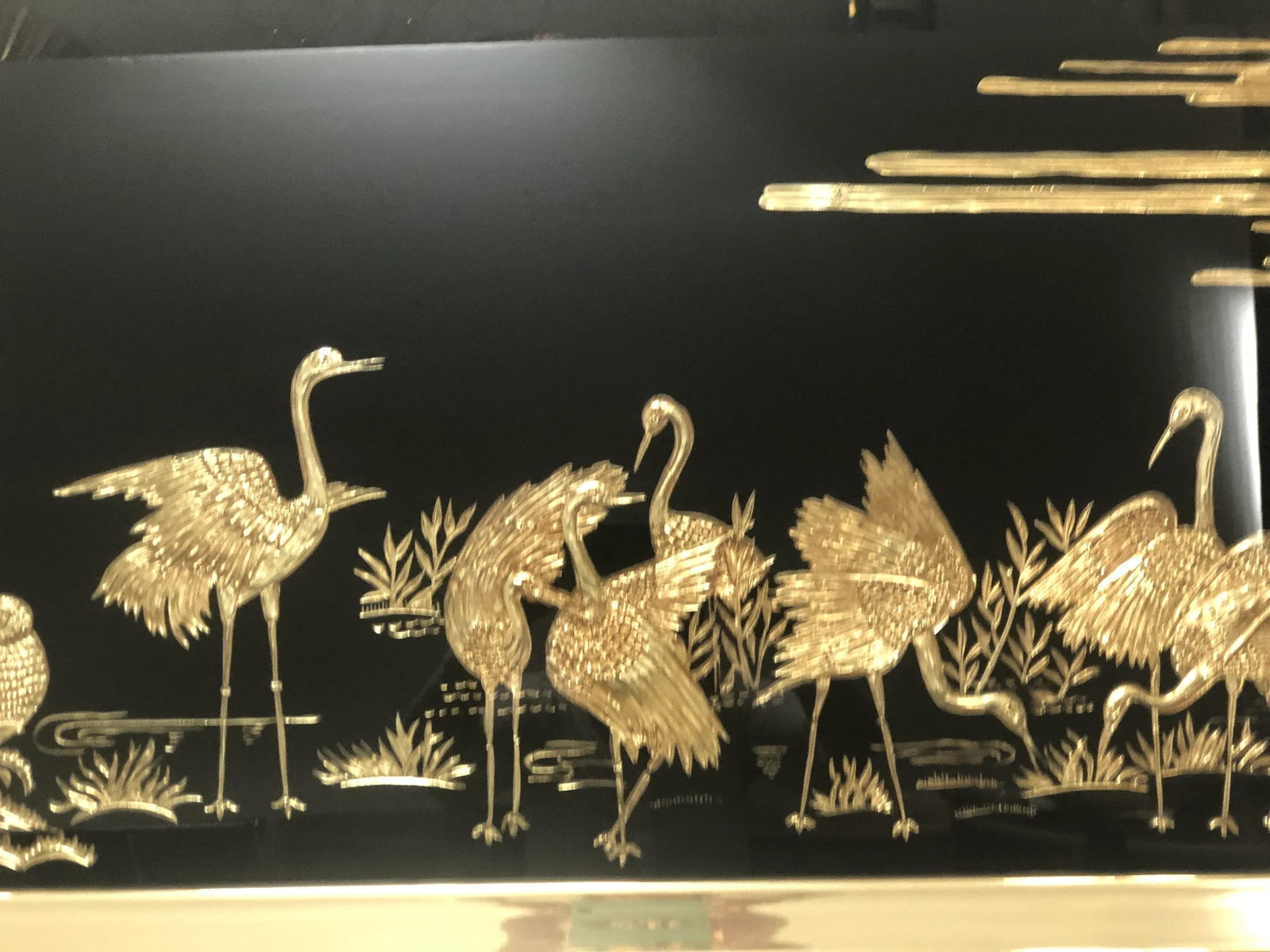 1960s Large Black Glass Chinoiserie Wall Art With Gold Herons - 5