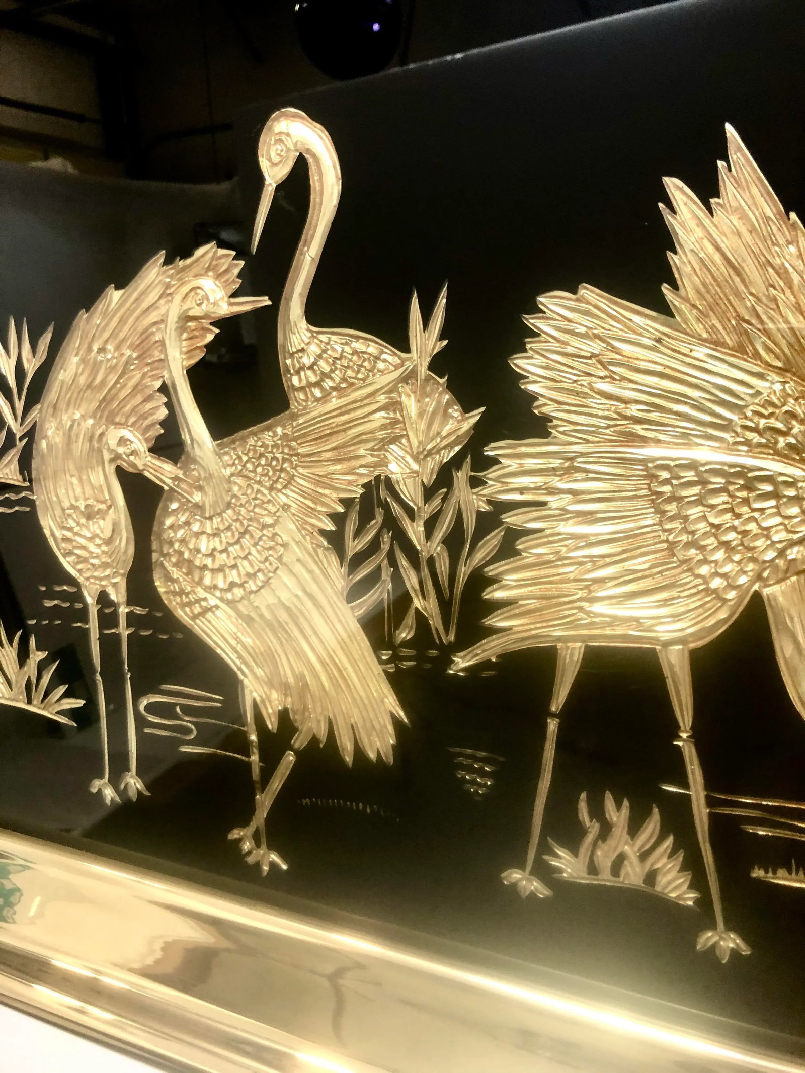 1960s Large Black Glass Chinoiserie Wall Art With Gold Herons - 6