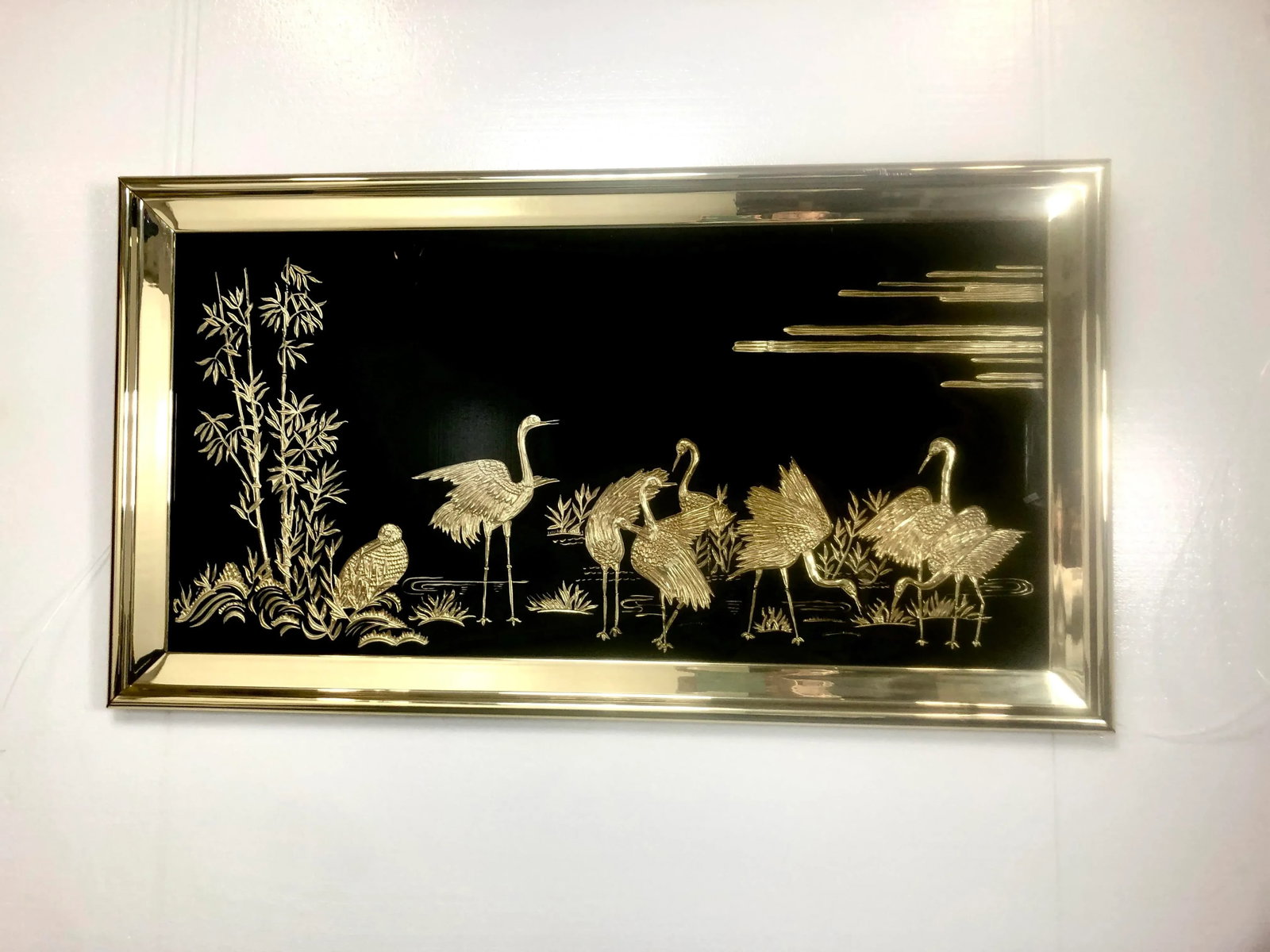 1960s Large Black Glass Chinoiserie Wall Art With Gold Herons - 7