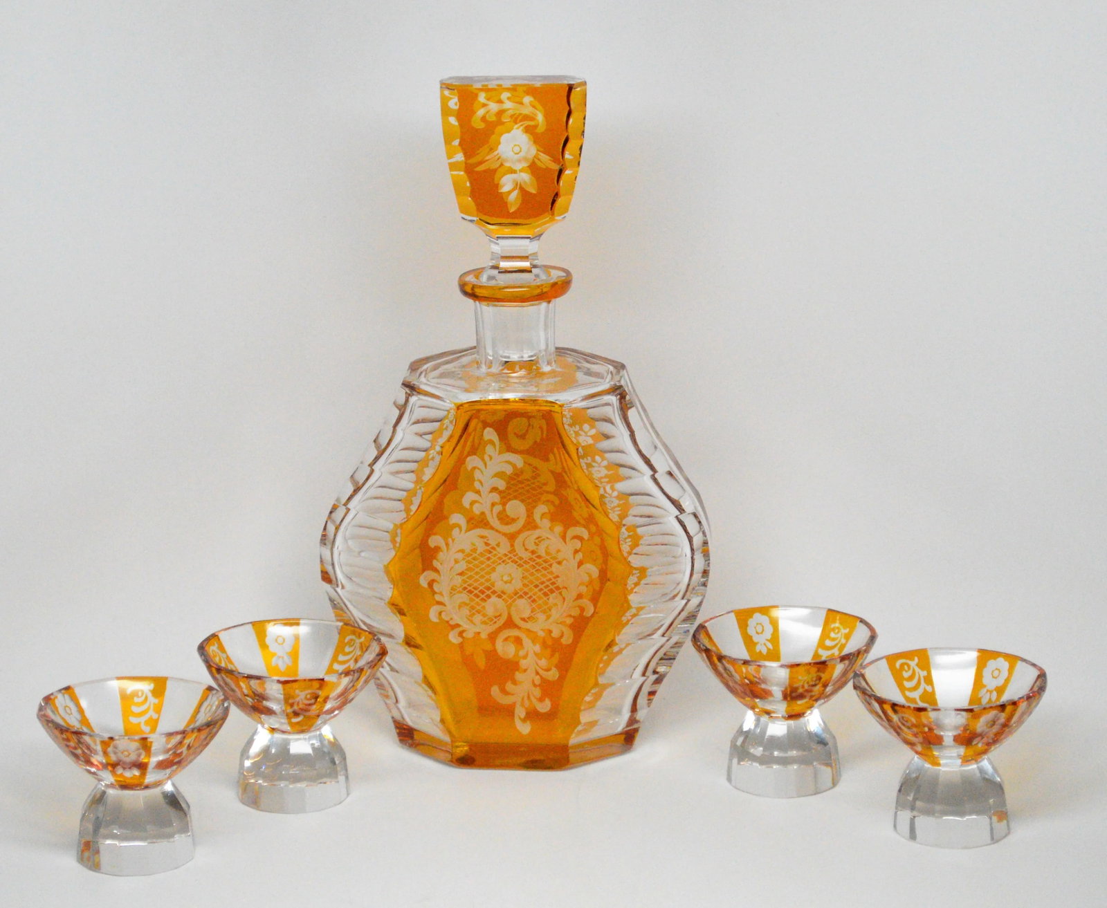 Czech Bohemian Style of Karl Palda Amber Glass Decanter Liquor Set - 6 Pieces - 13