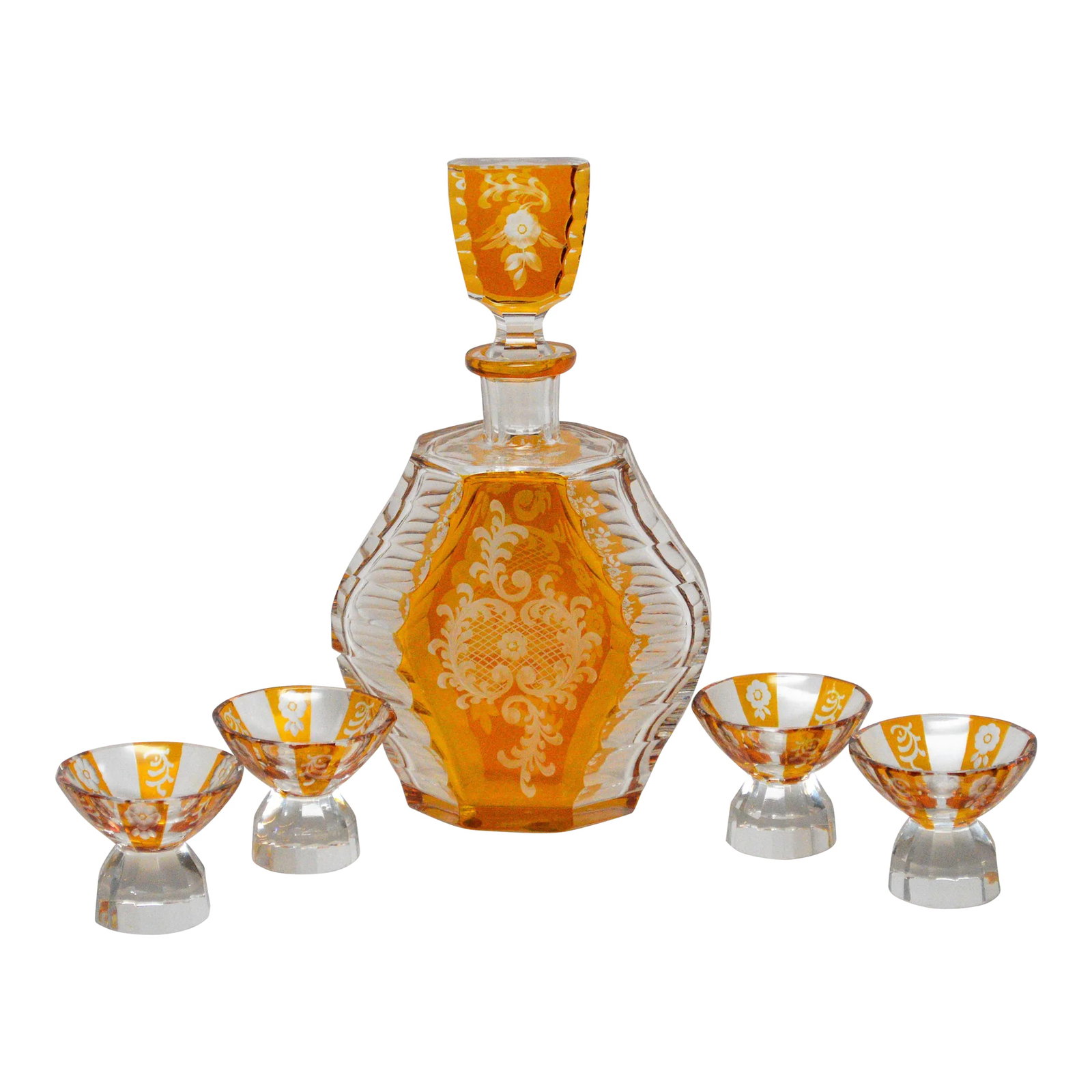 Czech Bohemian Style of Karl Palda Amber Glass Decanter Liquor Set - 6 Pieces: Czech Bohemian style of Karl Palda Amber Glass Decanter Liquor Set - 6 Pieces. The set is unsigned, however attributed to Val Saint-Lambert. Stopper is marked 21. The set is in Excellent Condition wit