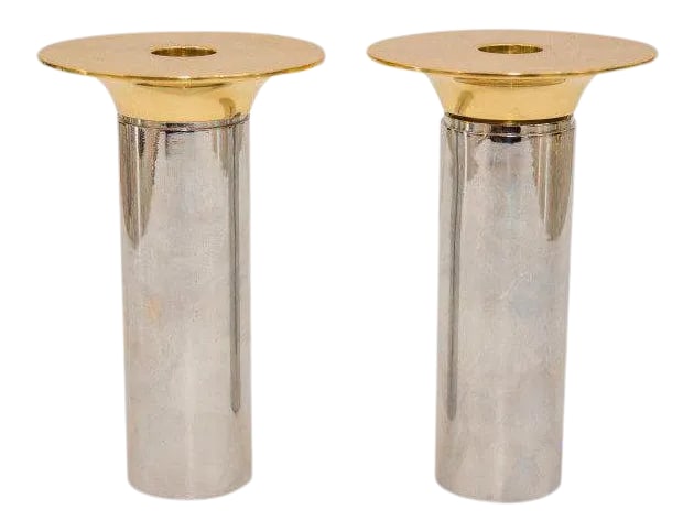 Candle Holders Chrome & Polished Brass - a Pair Candlesticks: Stylish modern candle holders / candlesticks in chrome and polished brass. Condition: Alterations: Original Condition Unaltered Imperfections: Some Imperfections Condition Notes: normal wear