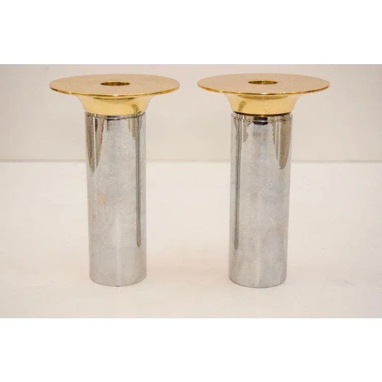 Candle Holders Chrome & Polished Brass - a Pair Candlesticks - 2