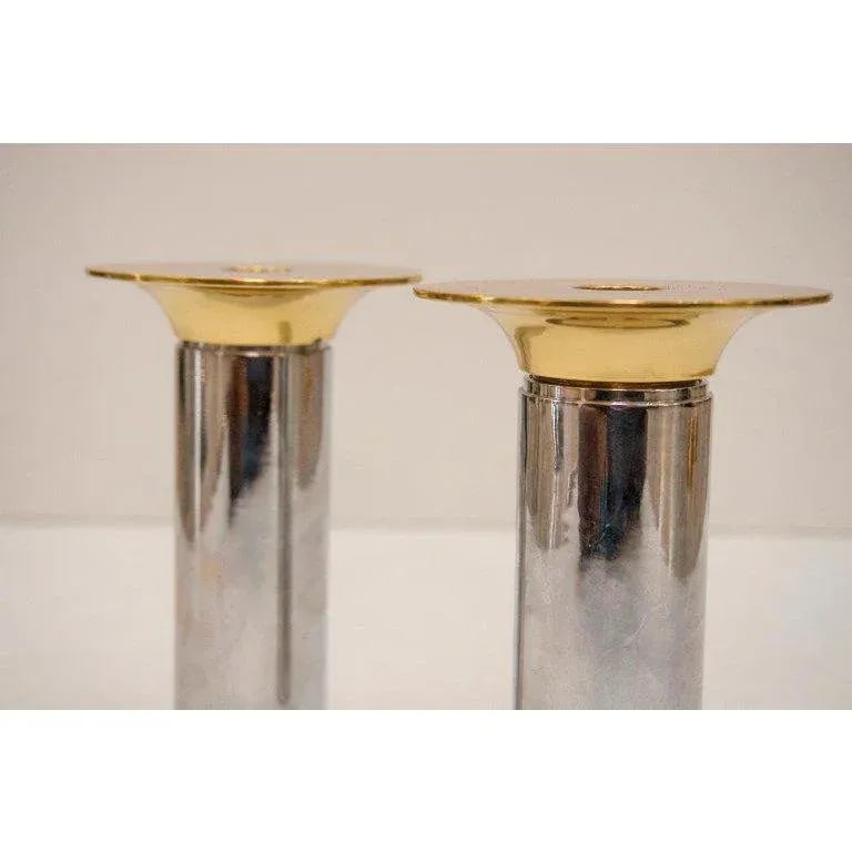 Candle Holders Chrome & Polished Brass - a Pair Candlesticks - 3