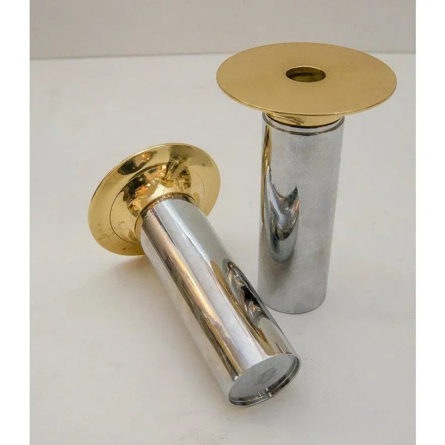 Candle Holders Chrome & Polished Brass - a Pair Candlesticks - 4