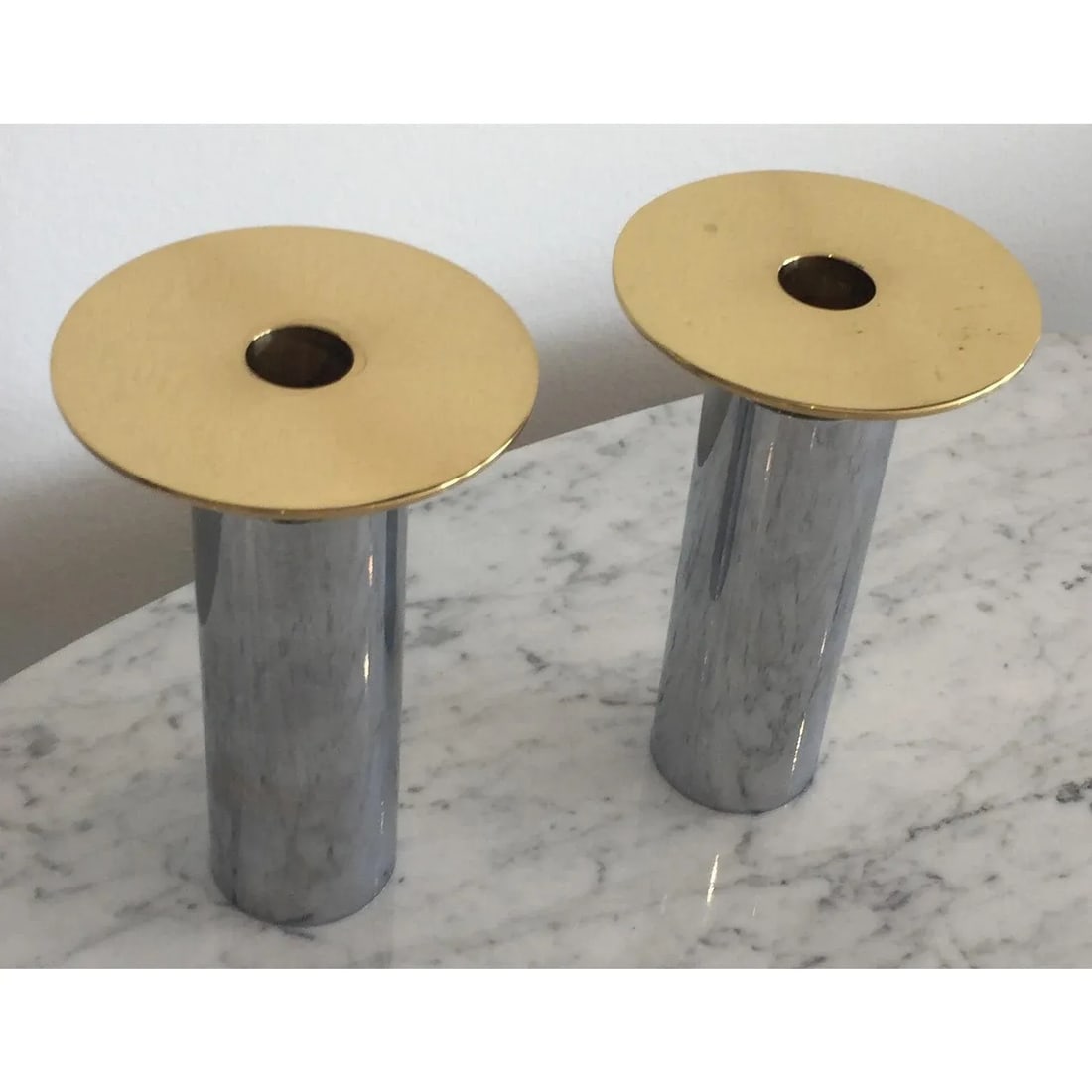 Candle Holders Chrome & Polished Brass - a Pair Candlesticks - 6