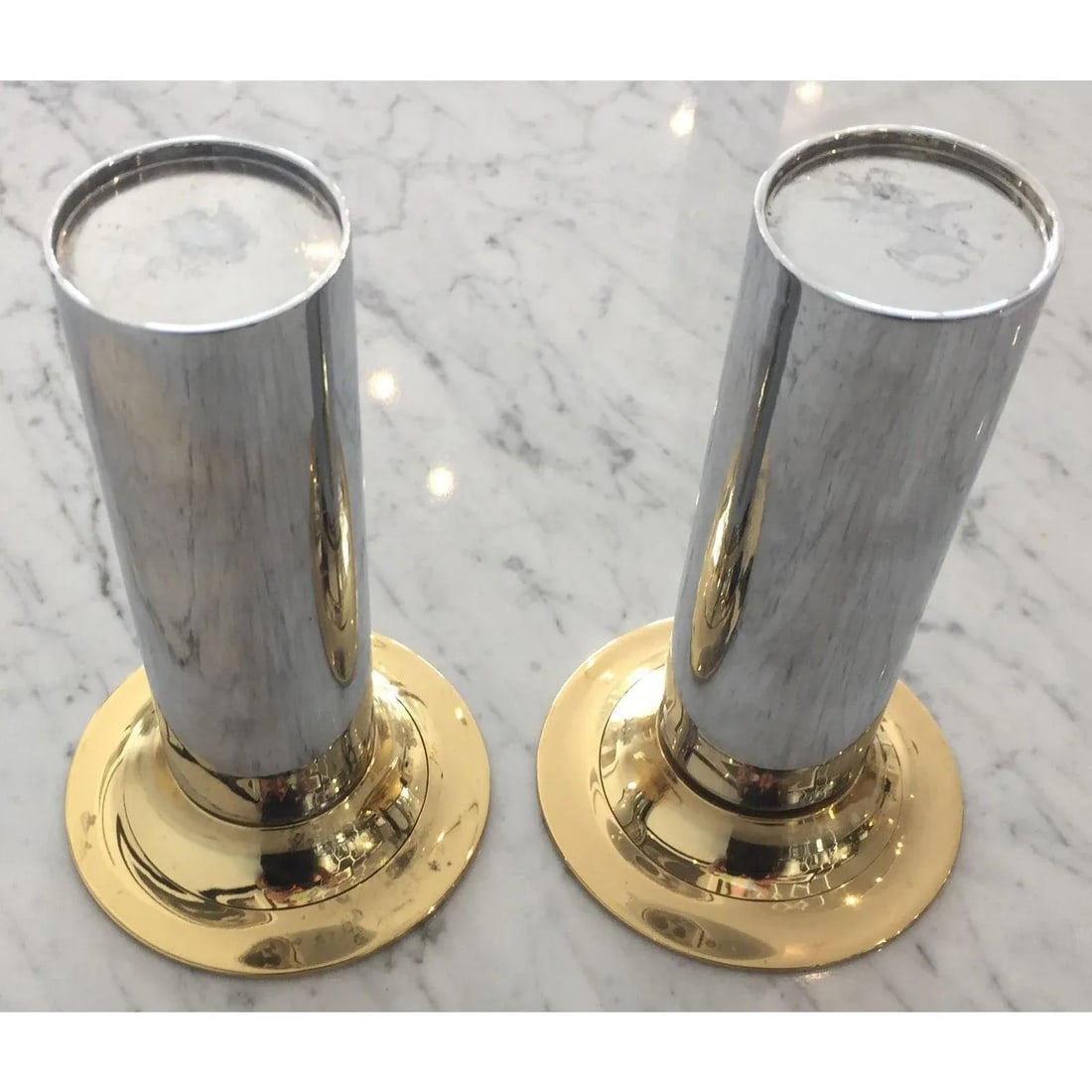 Candle Holders Chrome & Polished Brass - a Pair Candlesticks - 7