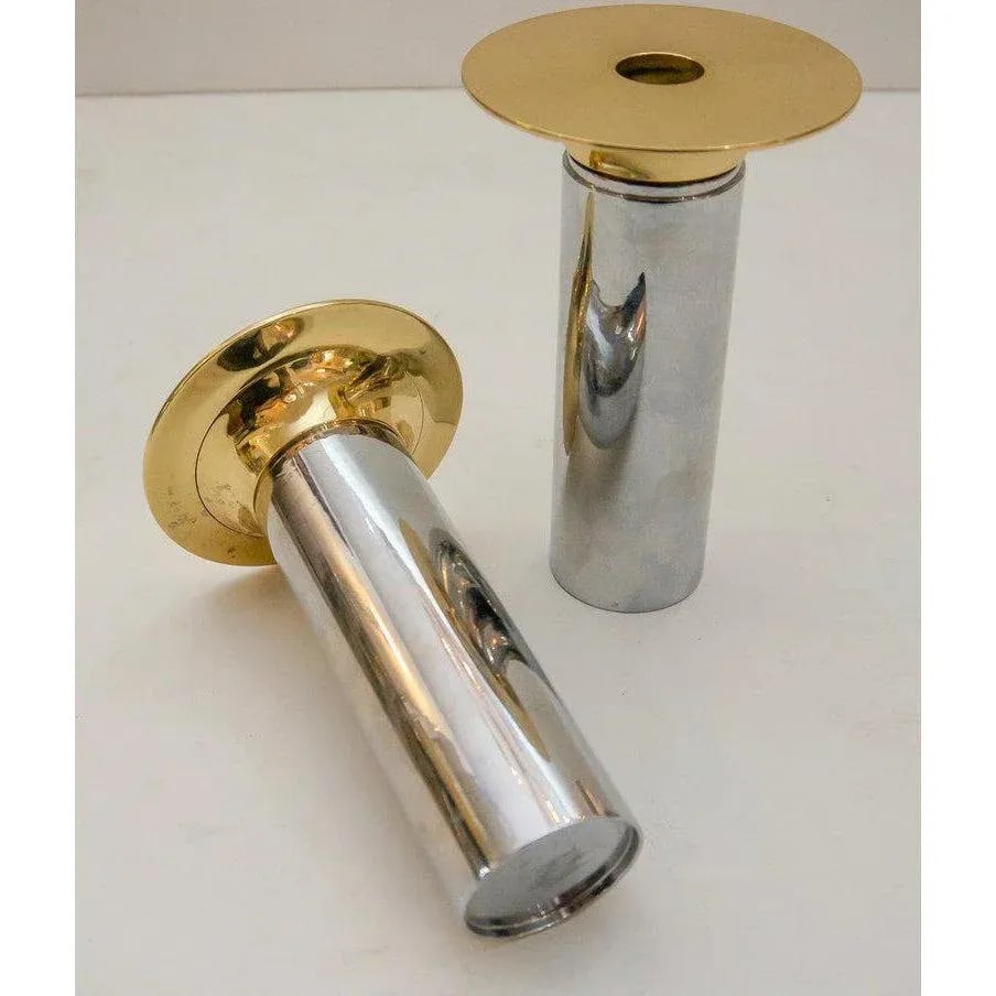 Candle Holders Chrome & Polished Brass - a Pair Candlesticks - 8