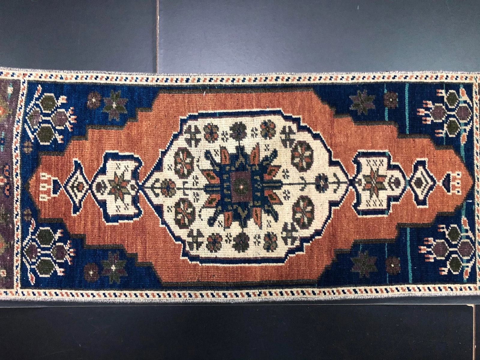 Vintage Navy Blue and Orange Rug - 2