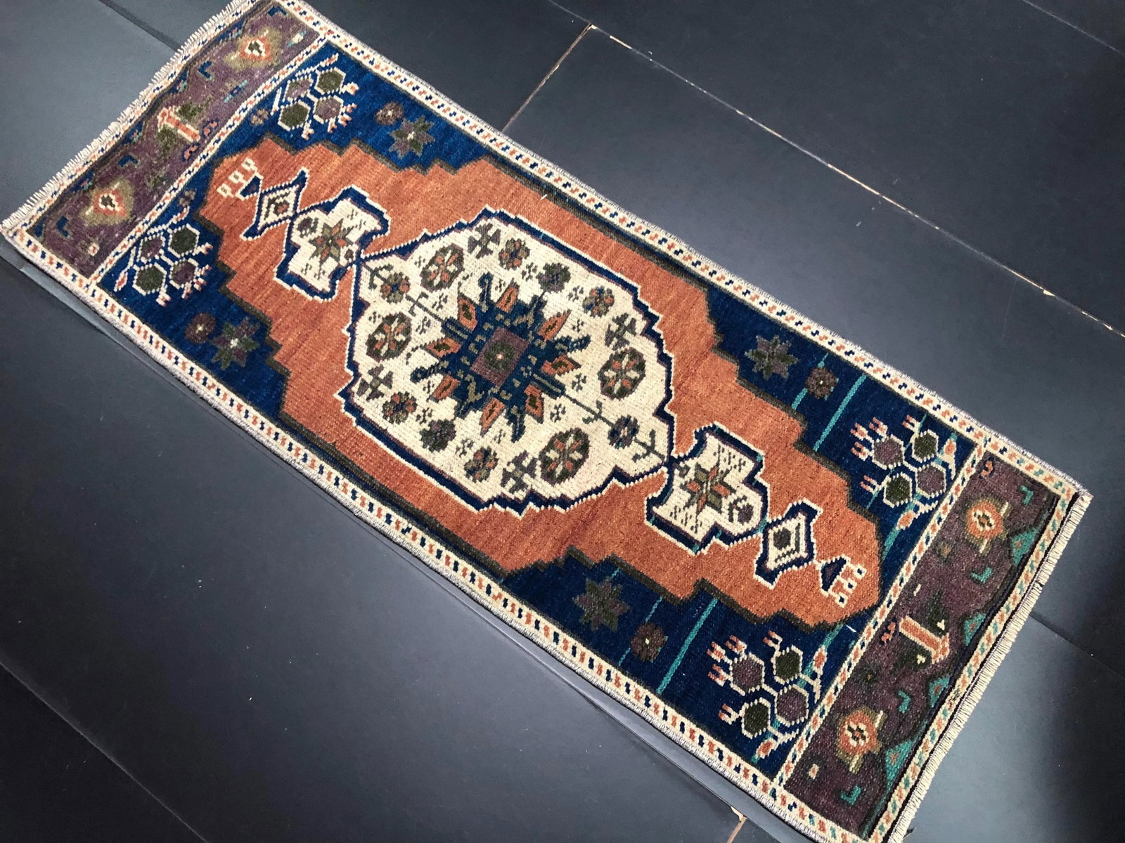 Vintage Navy Blue and Orange Rug - 3
