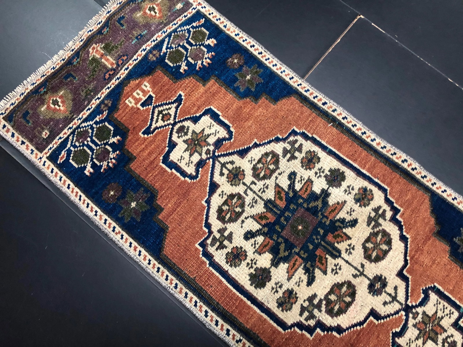 Vintage Navy Blue and Orange Rug - 4