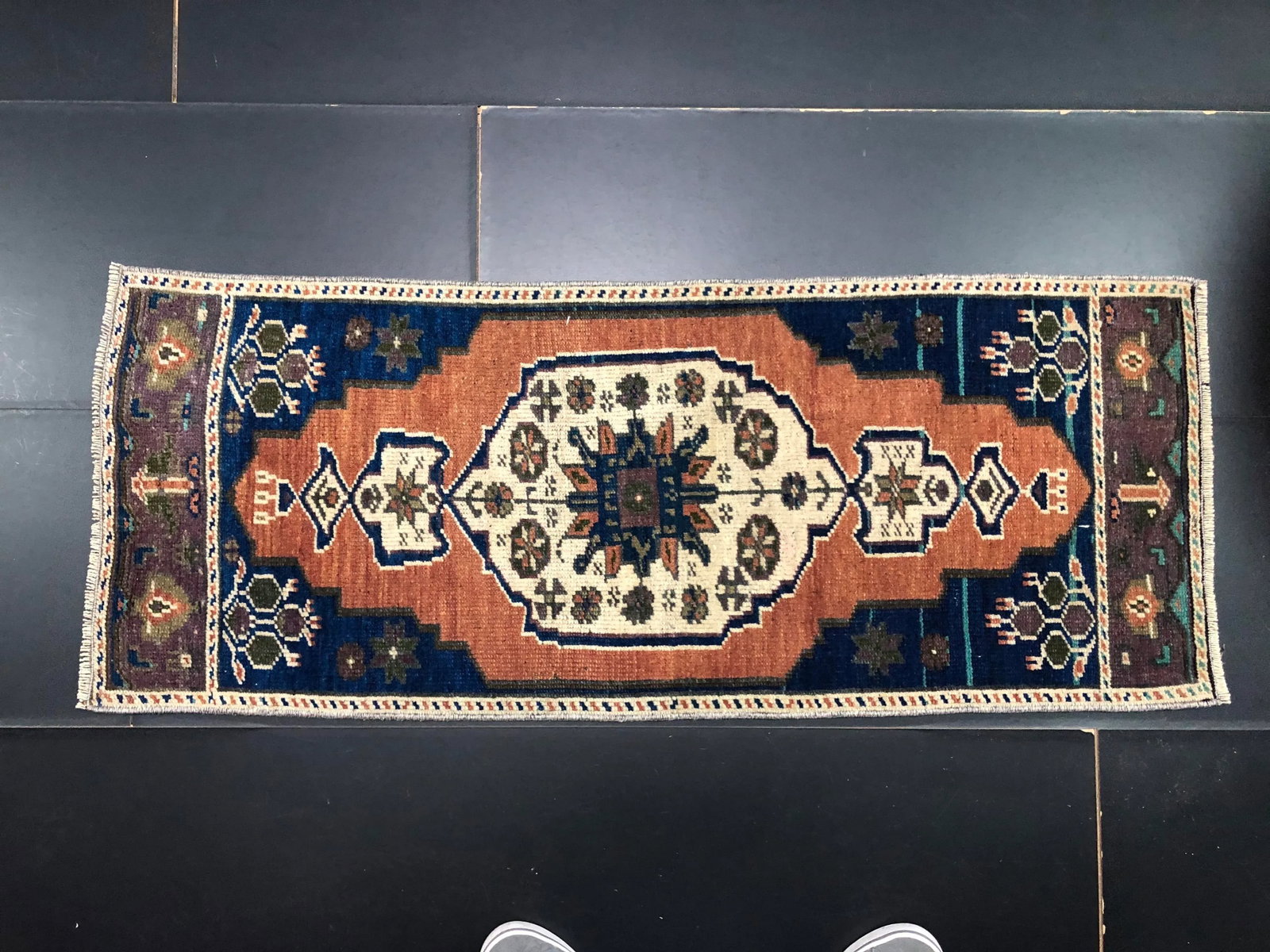 Vintage Navy Blue and Orange Rug - 6