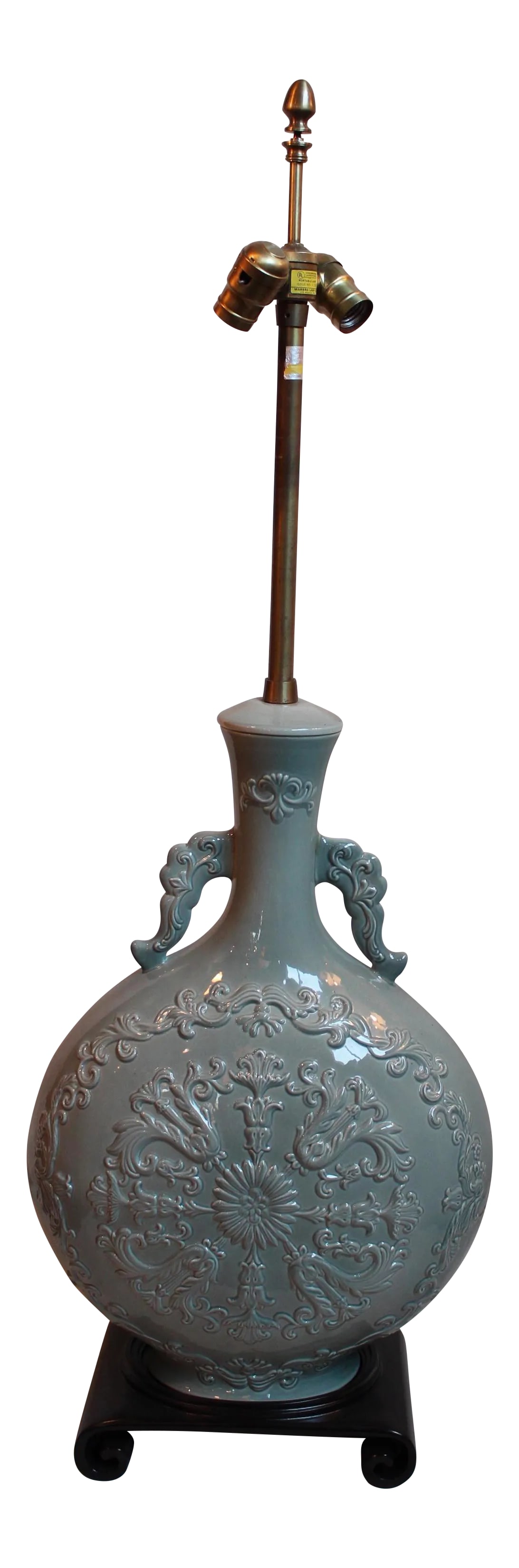 Grand Marbro Celadon Glaze Vase Lamp: Circa 1970 Marbro celadon glaze table lamp on black wood base. Condition: Alterations: Original Condition Unaltered Imperfections: Some Imperfections Condition Notes: Excellent - Minor wear consistent
