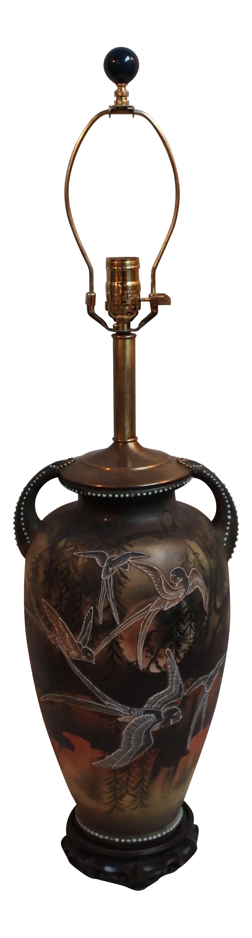 Japanese Vase Lamp: This table lamp was made from a Nippon vase with Moriage (special type of raised design) decoration from the late Meiji period, circa 1910. Condition: Alterations: Original Condition Unaltered Imperfe