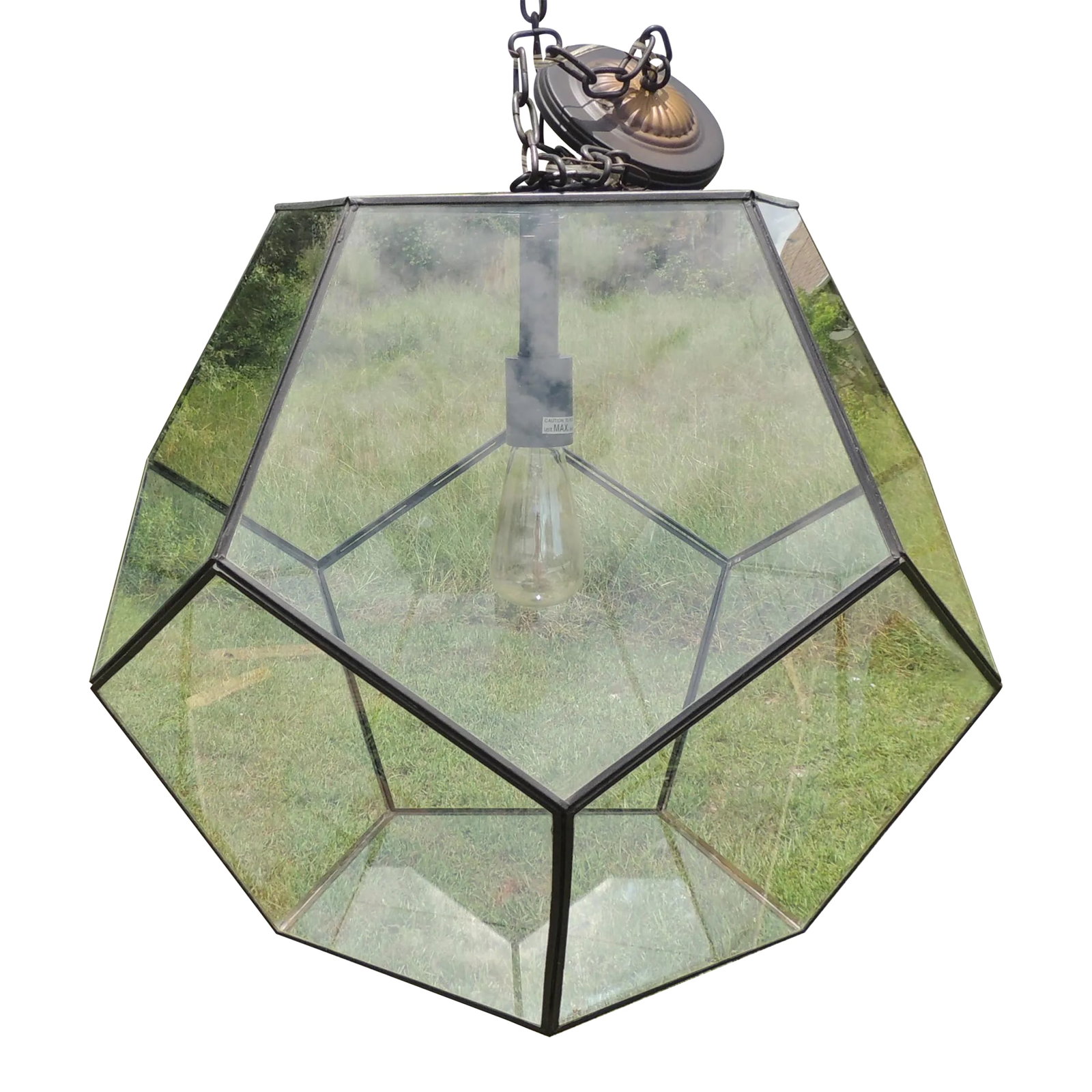 Large Vintage Late 20th Century Glass Metal Polygon Panel Ceiling Fixture Pendant (1 of 8)