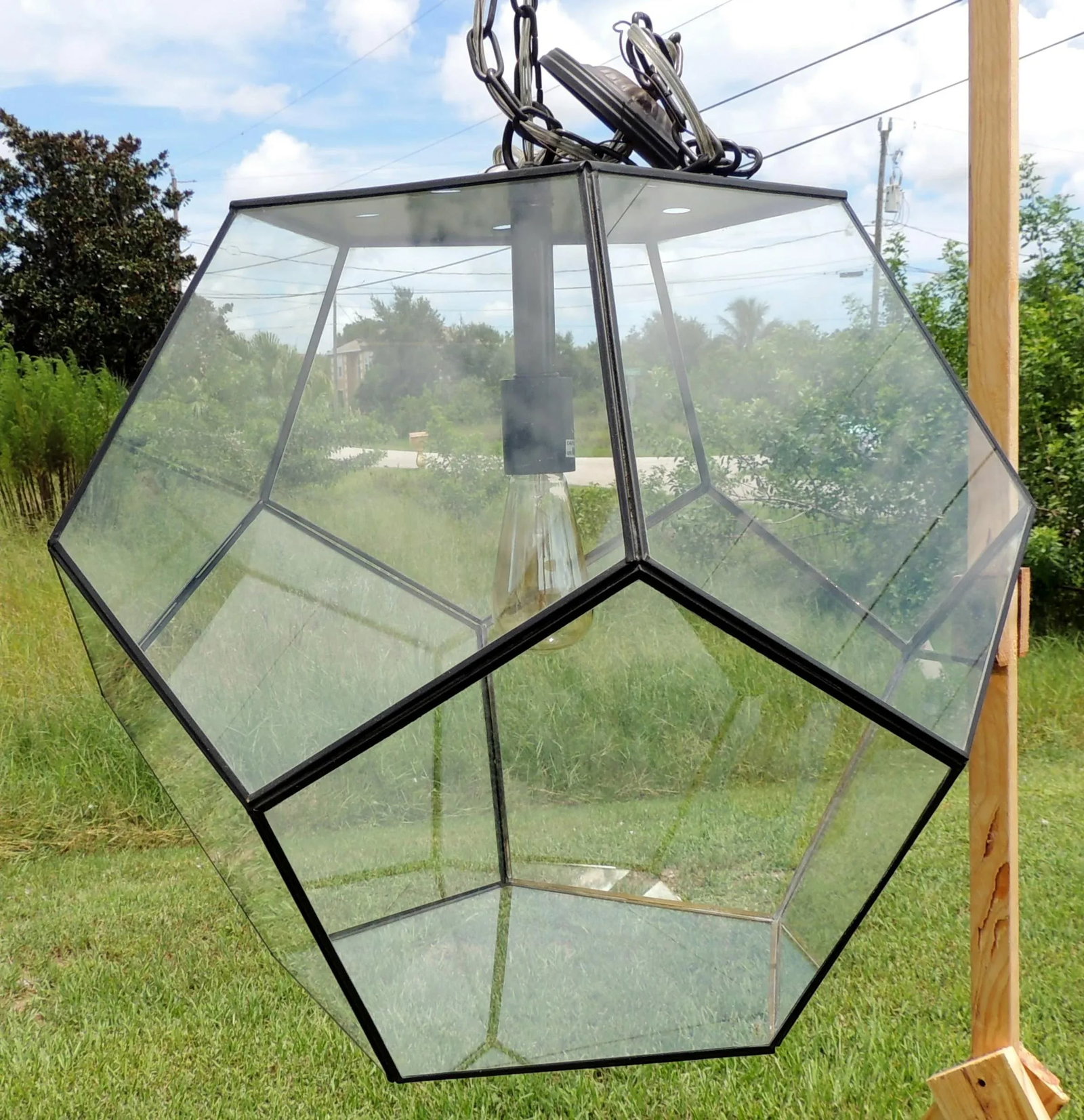 Large Vintage Late 20th Century Glass Metal Polygon Panel Ceiling Fixture Pendant - 2