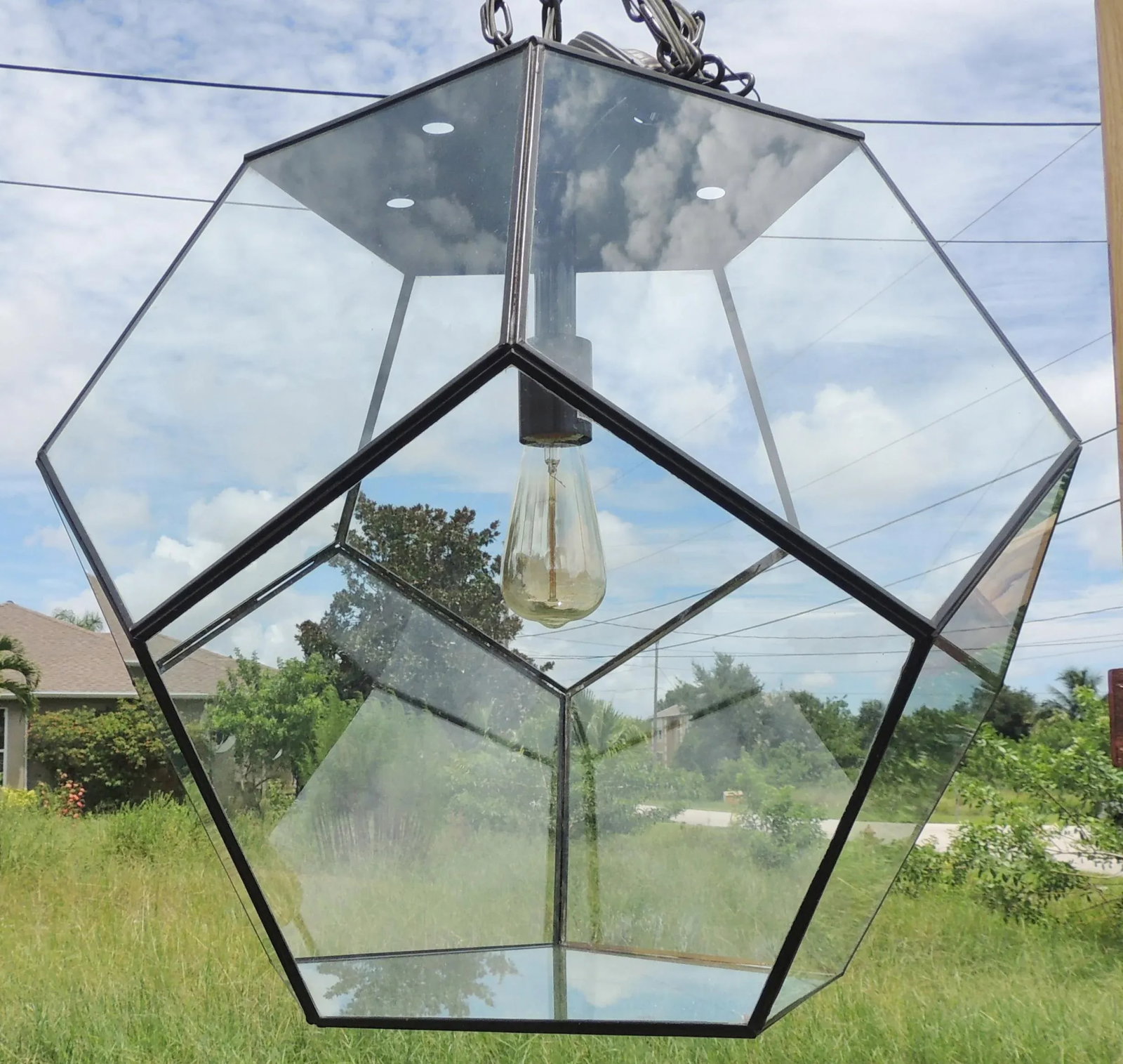 Large Vintage Late 20th Century Glass Metal Polygon Panel Ceiling Fixture Pendant - 3