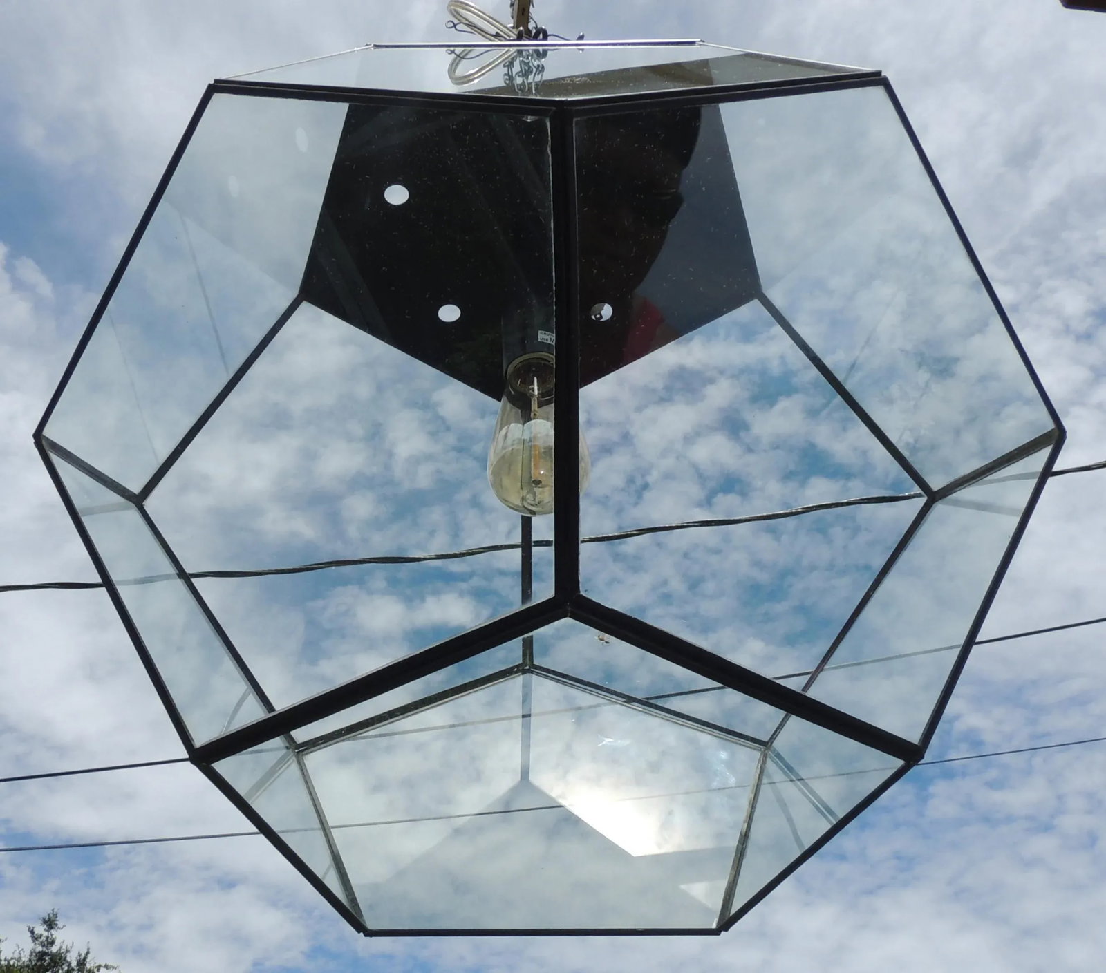 Large Vintage Late 20th Century Glass Metal Polygon Panel Ceiling Fixture Pendant - 4