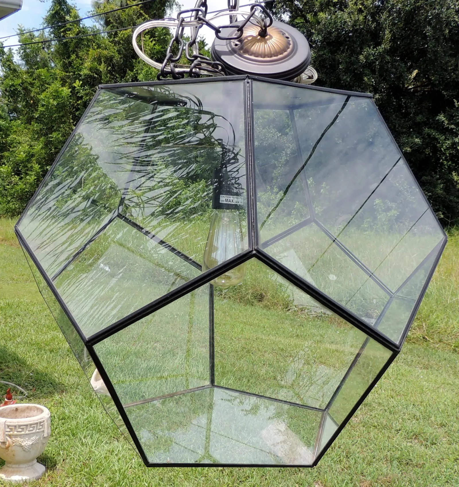 Large Vintage Late 20th Century Glass Metal Polygon Panel Ceiling Fixture Pendant - 5