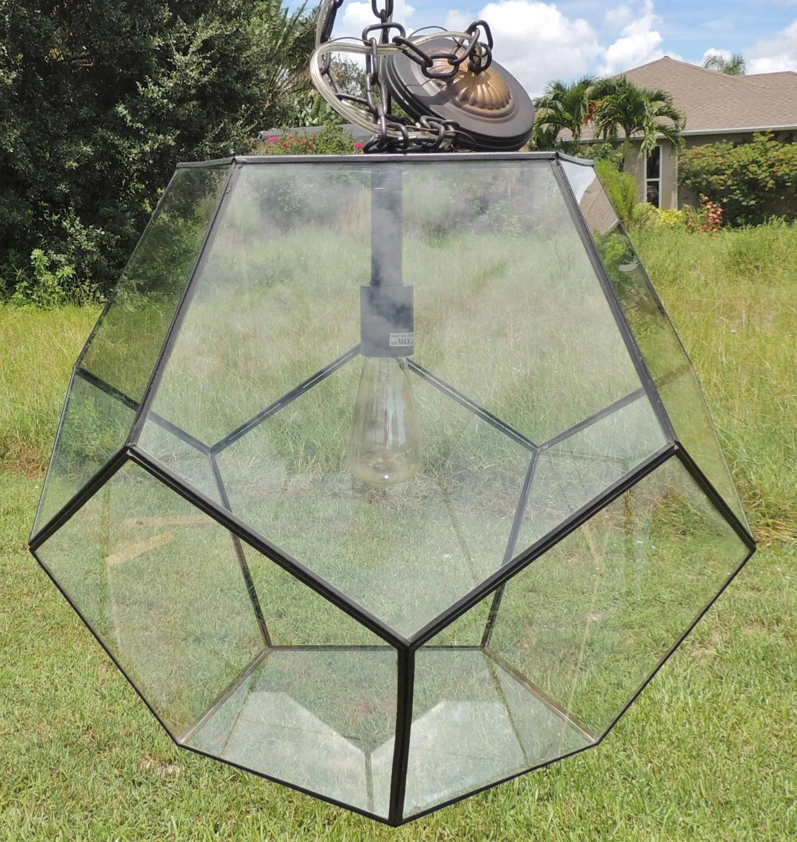 Large Vintage Late 20th Century Glass Metal Polygon Panel Ceiling Fixture Pendant - 8
