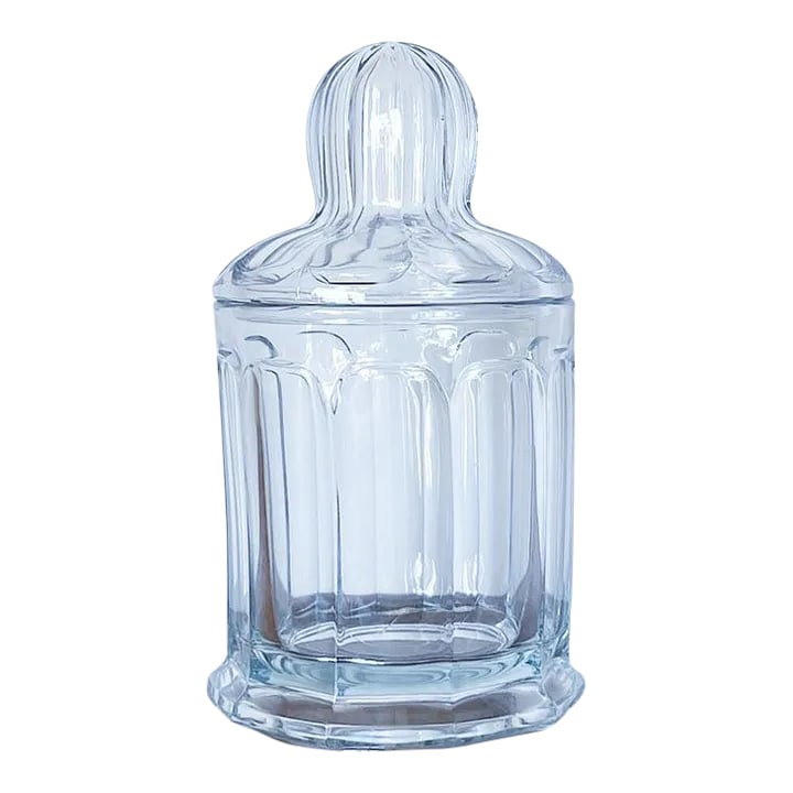 Vintage Large Lidded Glass Jar in Decagon Shape With Bulbous Lid by Heisey: Vintage Large Lidded Glass Jar in Decagon Shape with Bulbous Lid by Heisey Wonderful for a kitchen, bathroom or bedroom vanity. Measures approx: 9.5H x 5.5D Please visit my other listings for more cur