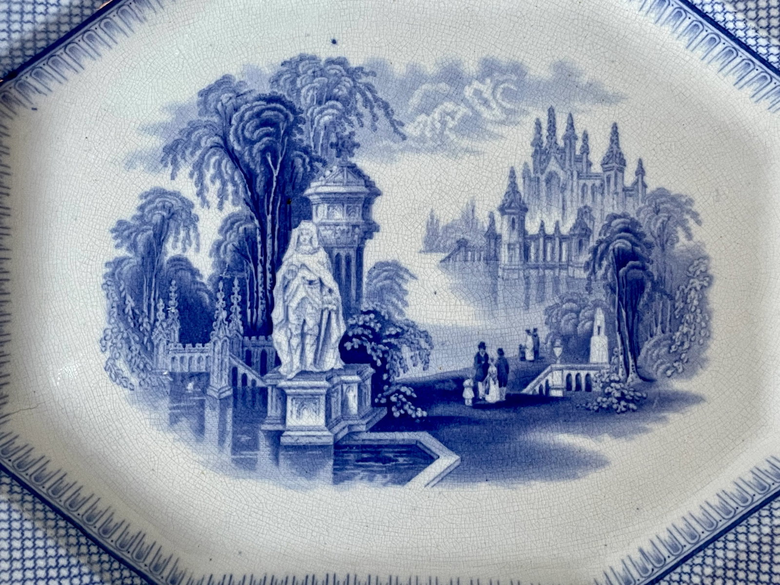 Antique Blue and White Transferware Ceramic Platter - 7