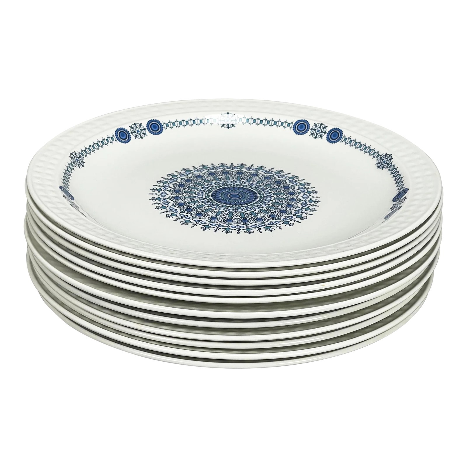 Vintage Pontesa Castillian Collection Ironstone Dinner Plates - Set of 11: Beautiful Ironstone dinner plates with vibrant and well designed geometric pattern in blue hues. Bottom marked "Pontesa Granada Spain," plates have a 10.25" diameter. Photos tell an accurate story of 