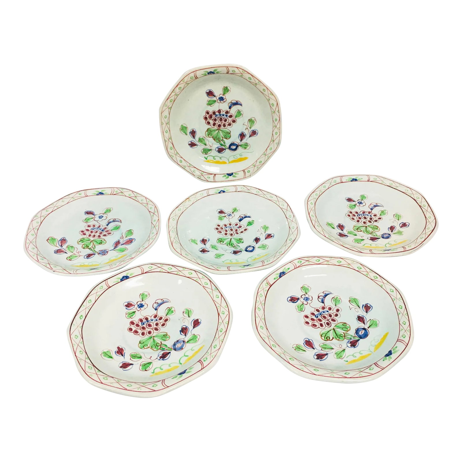 Antique Hand-Painted Calyx Ware Small Floral Plates- Set of 6: A lovely set of six Handpainted Calyx Ware Floral Plates, Adams company, made in England Old Bow pattern Condition: Alterations: Original Condition Unaltered Imperfections: Some Imperfections Conditio