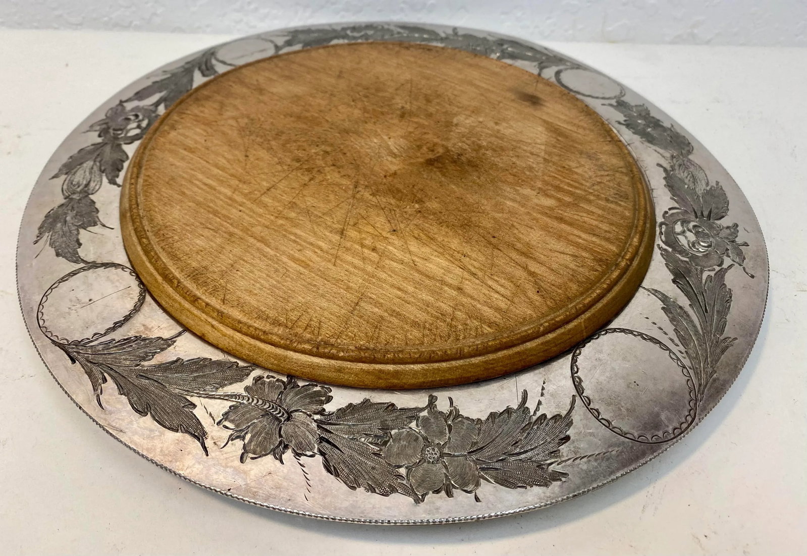 Antique John Round & Sons Wooden Bread Board With Silver Plate Serving Tray Made in England. - 10