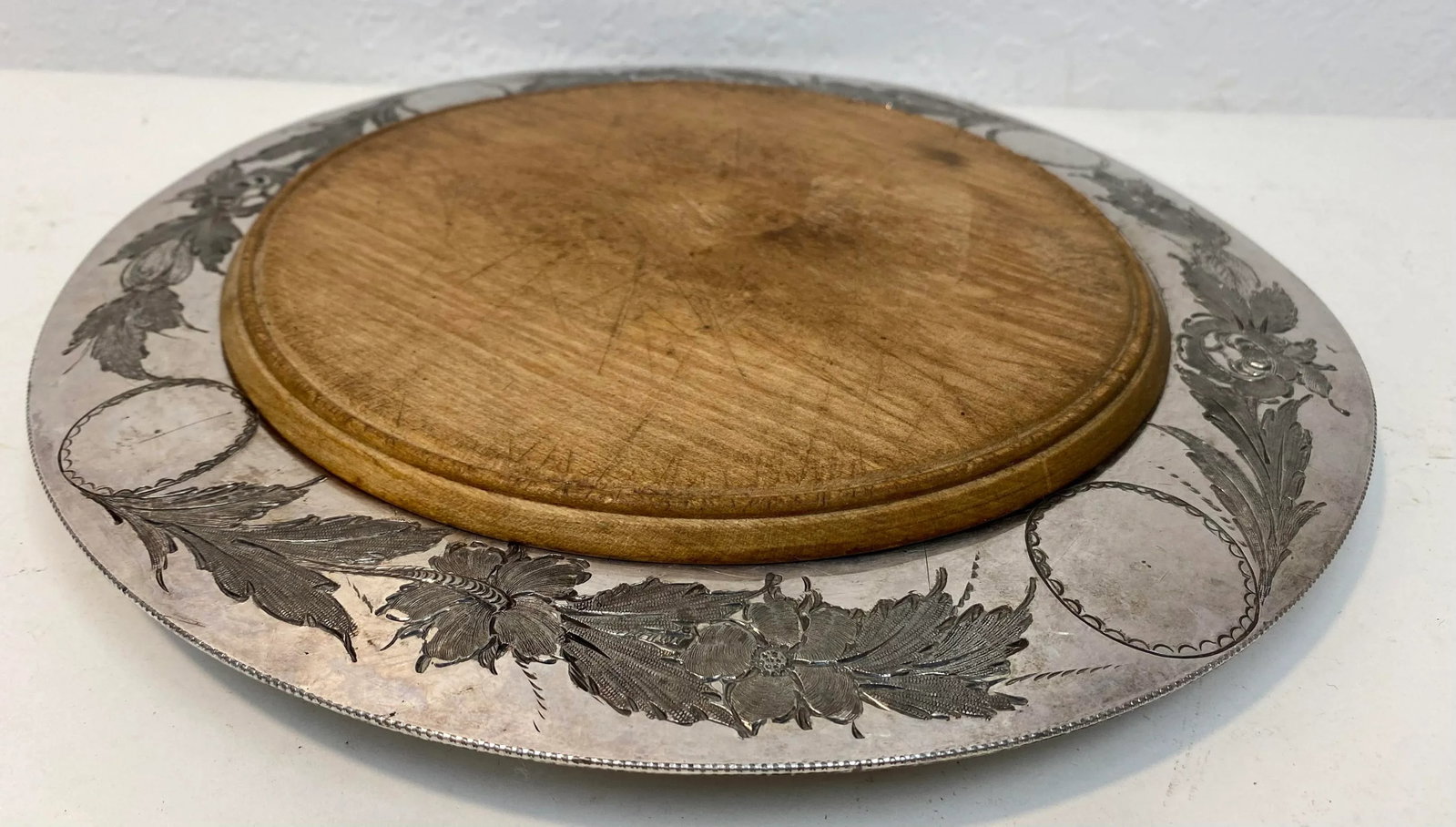 Antique John Round & Sons Wooden Bread Board With Silver Plate Serving Tray Made in England. - 11