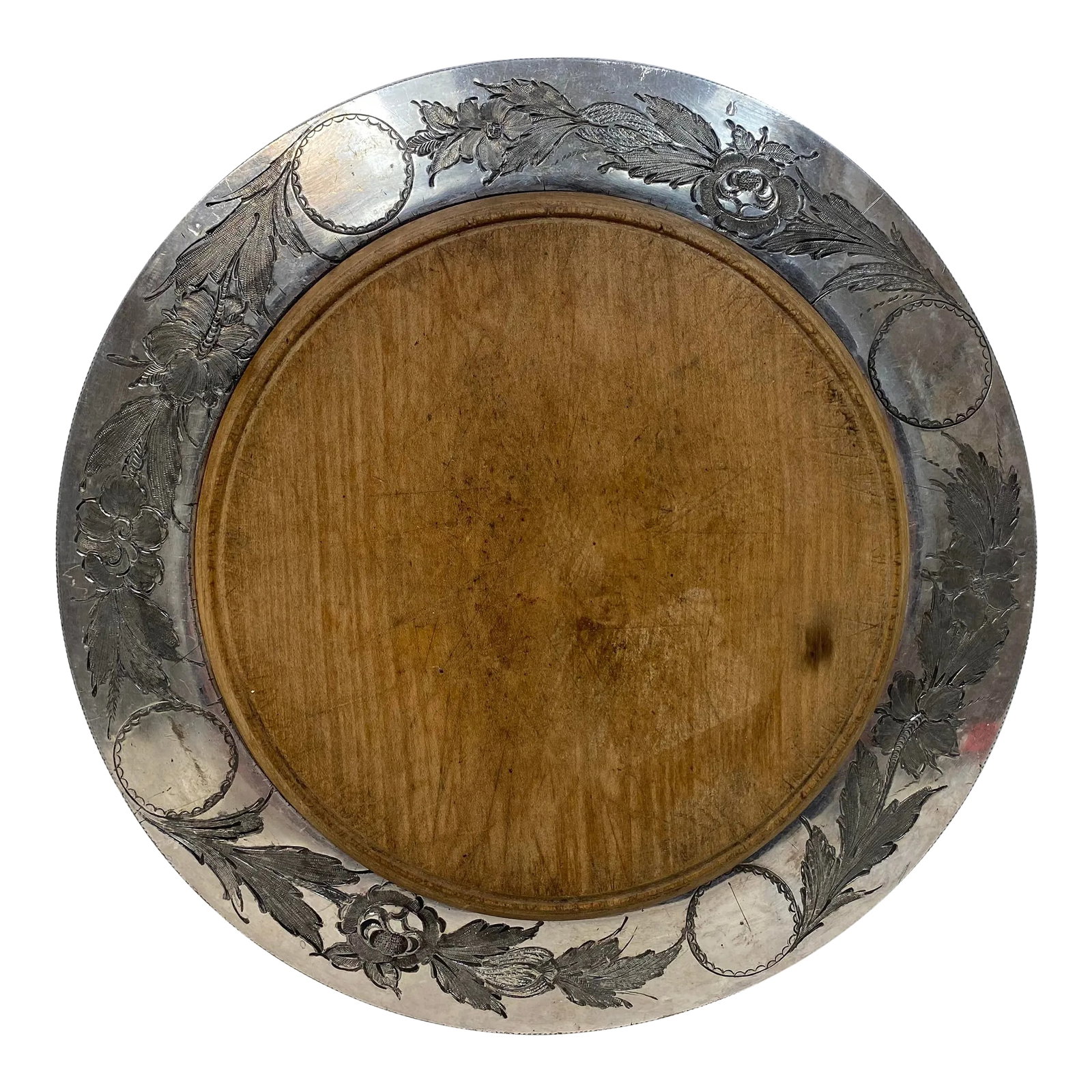 Antique John Round & Sons Wooden Bread Board With Silver Plate Serving Tray Made in England.: Antique John Round & Sons Wooden Bread Board With Silver Plate Serving Tray Made in England. Metal Tray Measures 11 3/4" W x 11 3/4" L x 3/4" T Wooden Board Measures 8 1/4" W x 8 1/4" L x 3/4" D