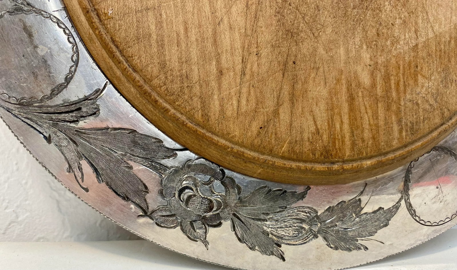 Antique John Round & Sons Wooden Bread Board With Silver Plate Serving Tray Made in England. - 2