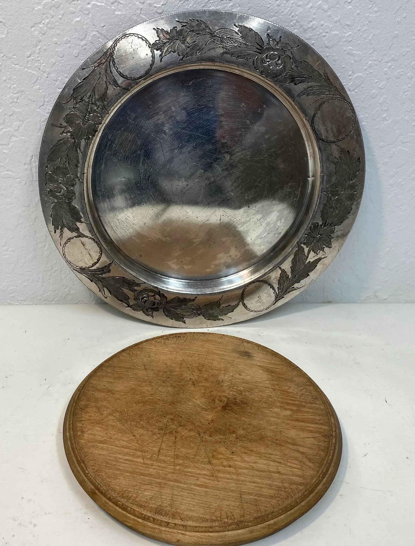 Antique John Round & Sons Wooden Bread Board With Silver Plate Serving Tray Made in England. - 4
