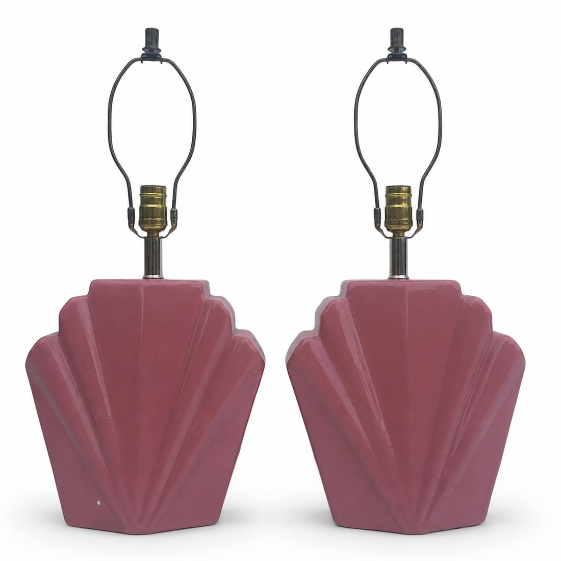1980s Postmodern Deco Scalloped Table Lamps: Fabulous pair of 80s deco scalloped table lamps. These lamps are gloss ceramic in a lovely mauve rose color. 23.5H 11W 5D Condition: Alterations: Original Condition Unaltered Imperfections: Some