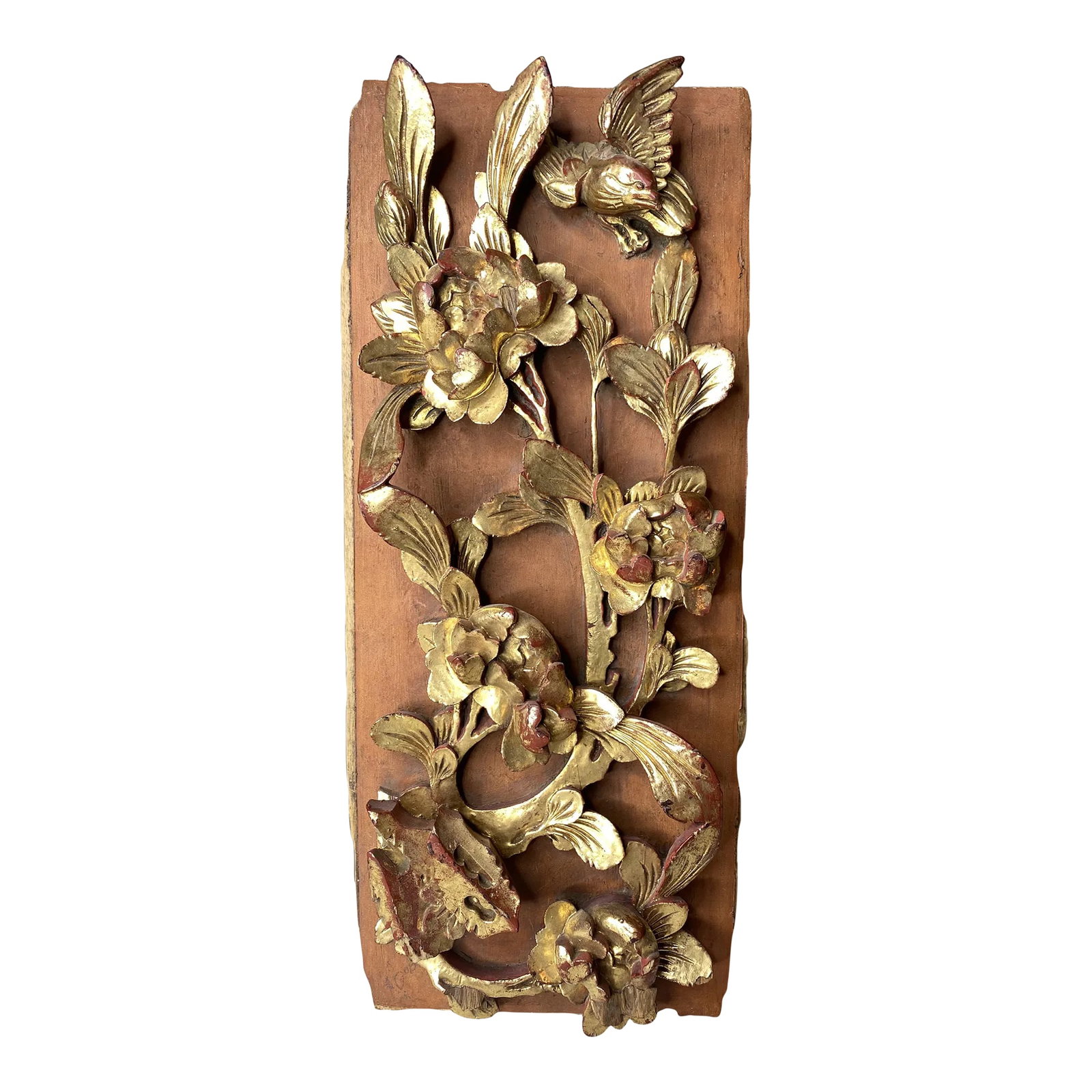 Antique Chinese Carved Panel: Great looking hand carved decorative panel with superlative gilding and design includes flowering peonies, a bird, branches and leaves. Condition: Alterations: Original Condition Unaltered