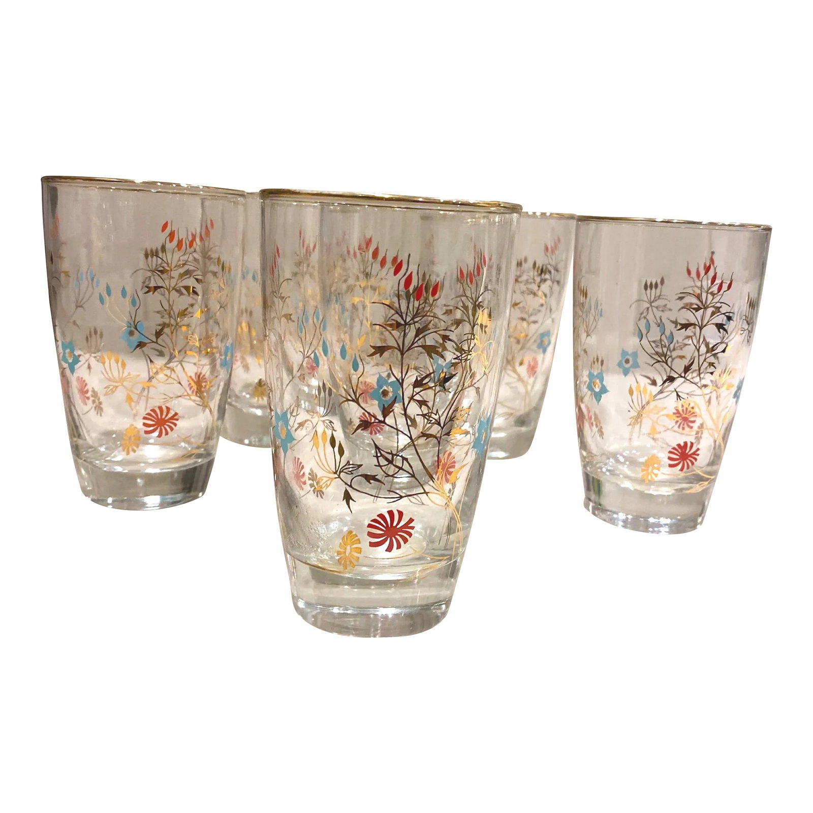 Mid-Century Pink and Turquoise Bar Ware - a Set of 6: Pink and turquoise floral glasses with gold accents and gold rims. These are my favorite and the last I have in this pattern. Condition: Alterations: Original Condition Unaltered Imperfections: Some