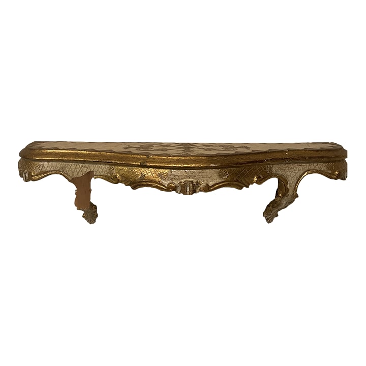 1970s Florentine Decorative Wall Shelf: Stunning decorative Florentine wall shelf. Perfect for a little powder room! Gold and white details. Unfortunately missing a piece on front bracket. Condition: Alterations: Original Condition