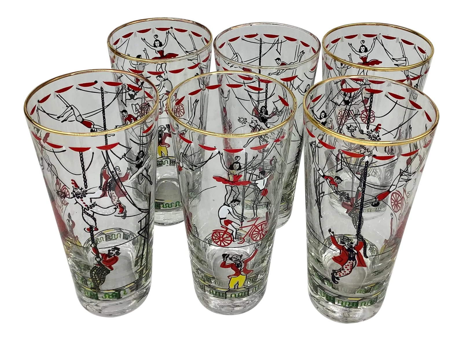 Vintage Libbey Glass Co. Circus Highball Glasses - Set of 6: Set of 6 Vintage Libbey Glass Co. Circus-Themed Highball Glasses. Circus decoration in red, black, and white includes trapeze artists, clowns, and high wire acts. Glasses measure 6 5/8" high x 3"