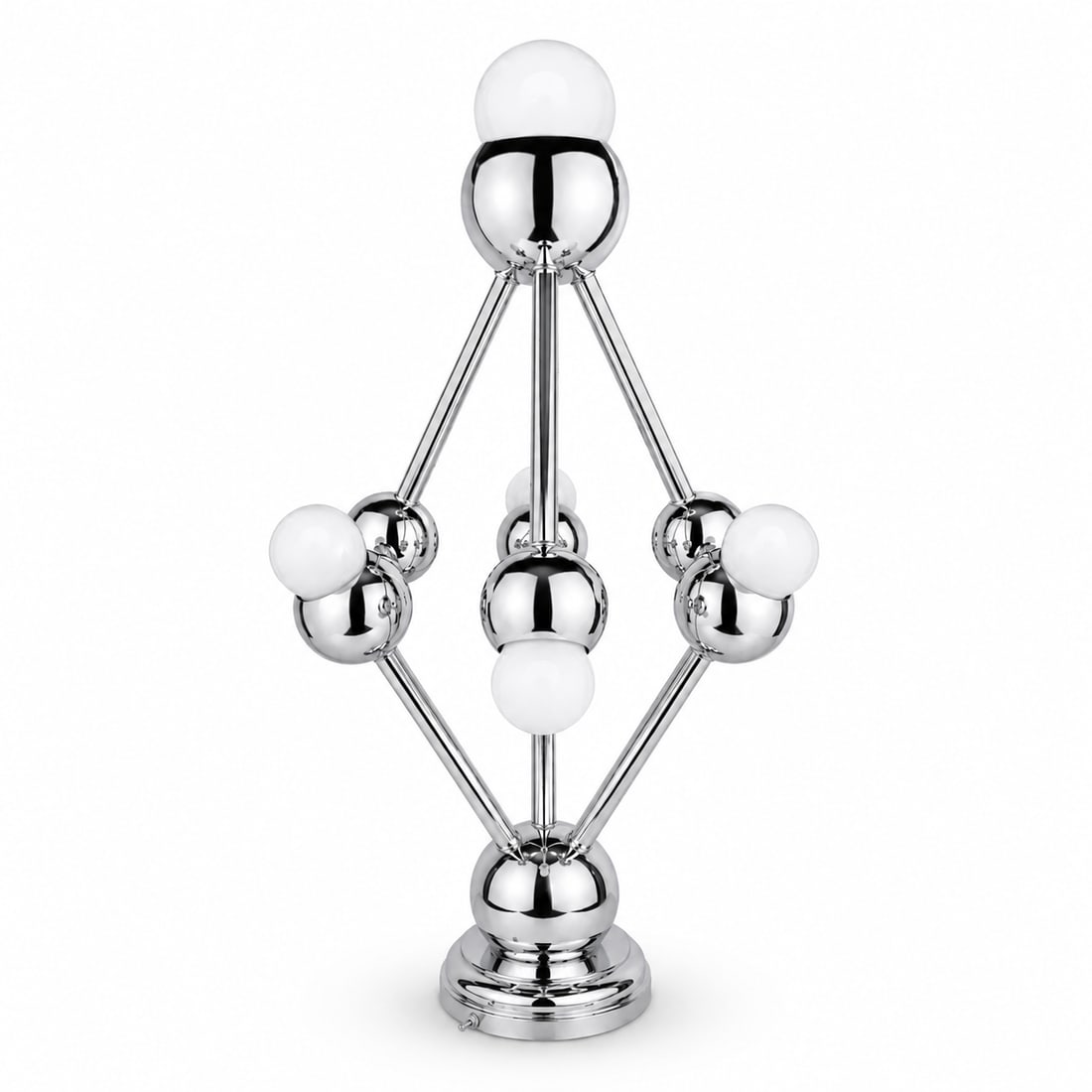 1960's Atomic Space Age Era Atomium Chrome Table Lamp: Vintage 1960's chrome space age atomic era atomium waterfall table lamp. This beautiful piece is in excellent vintage condition. Works fine, and gives your space an eye catching early MCM feel. For