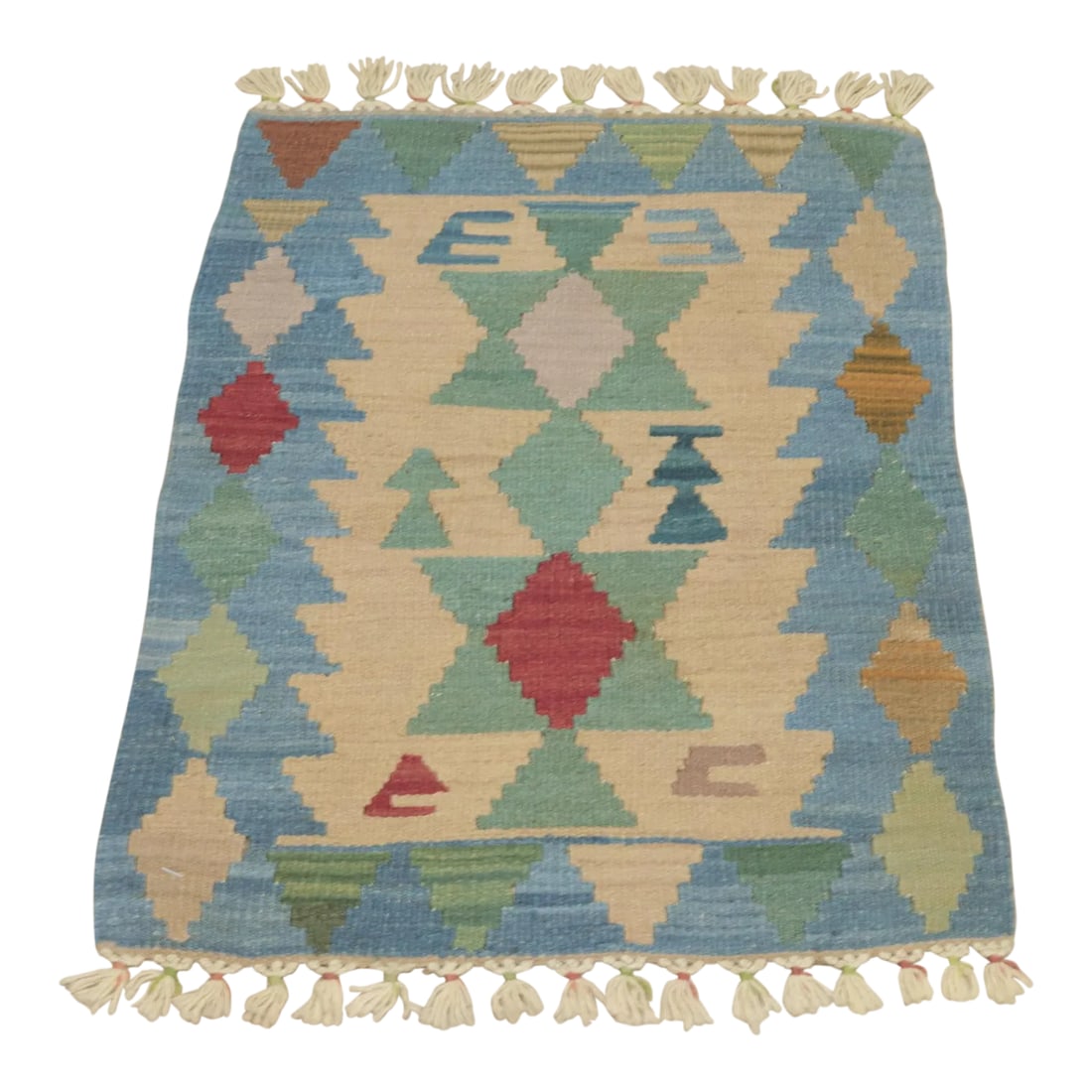 1960s Southwestern Soft Blue Hand Knotted Rug: Size: 2.2 x 3 ft ( 68 x 92 cm) 26 x 36 inches Color: Organic Natural Dye ( Blue,Green,Brown,Cream ) Material: 100% Hand Spun Organic Wool Condition:Professionally washed and cleaned.Ready to use. We
