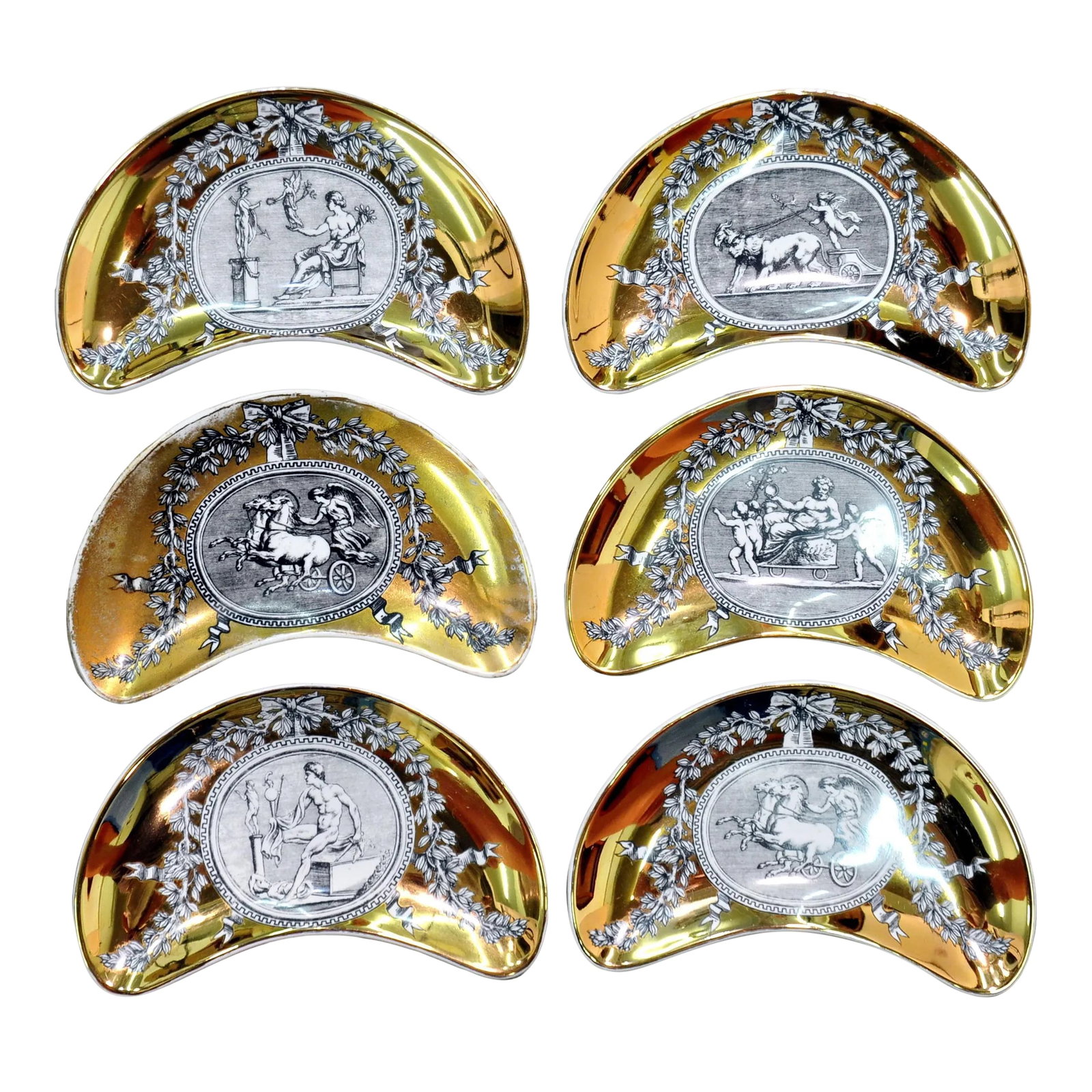 Set of Piero Fornasetti Medaglioni Gilt Porcelain Crescent Catchall Plates, 1960s (1 of 10)