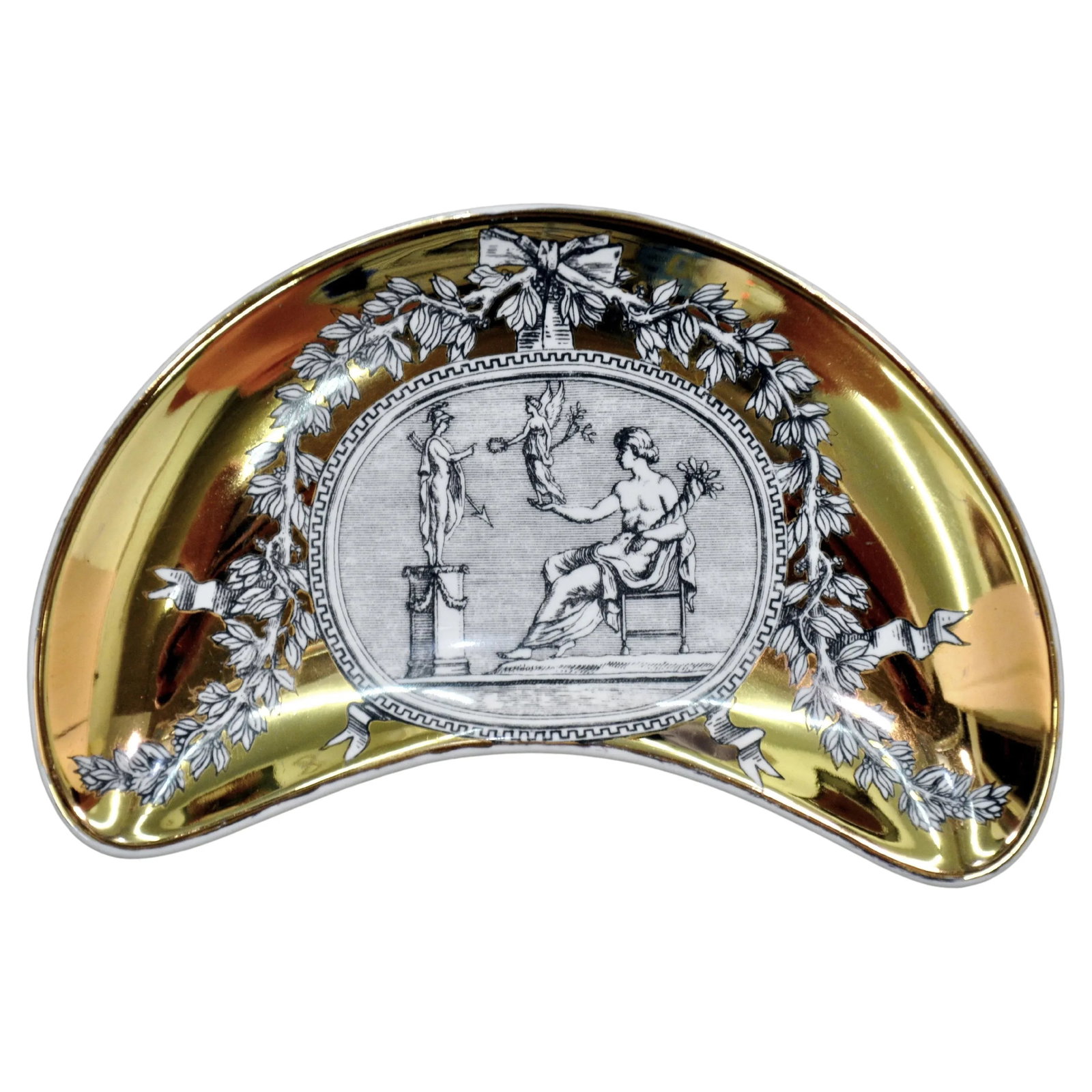 Set of Piero Fornasetti Medaglioni Gilt Porcelain Crescent Catchall Plates, 1960s - 3