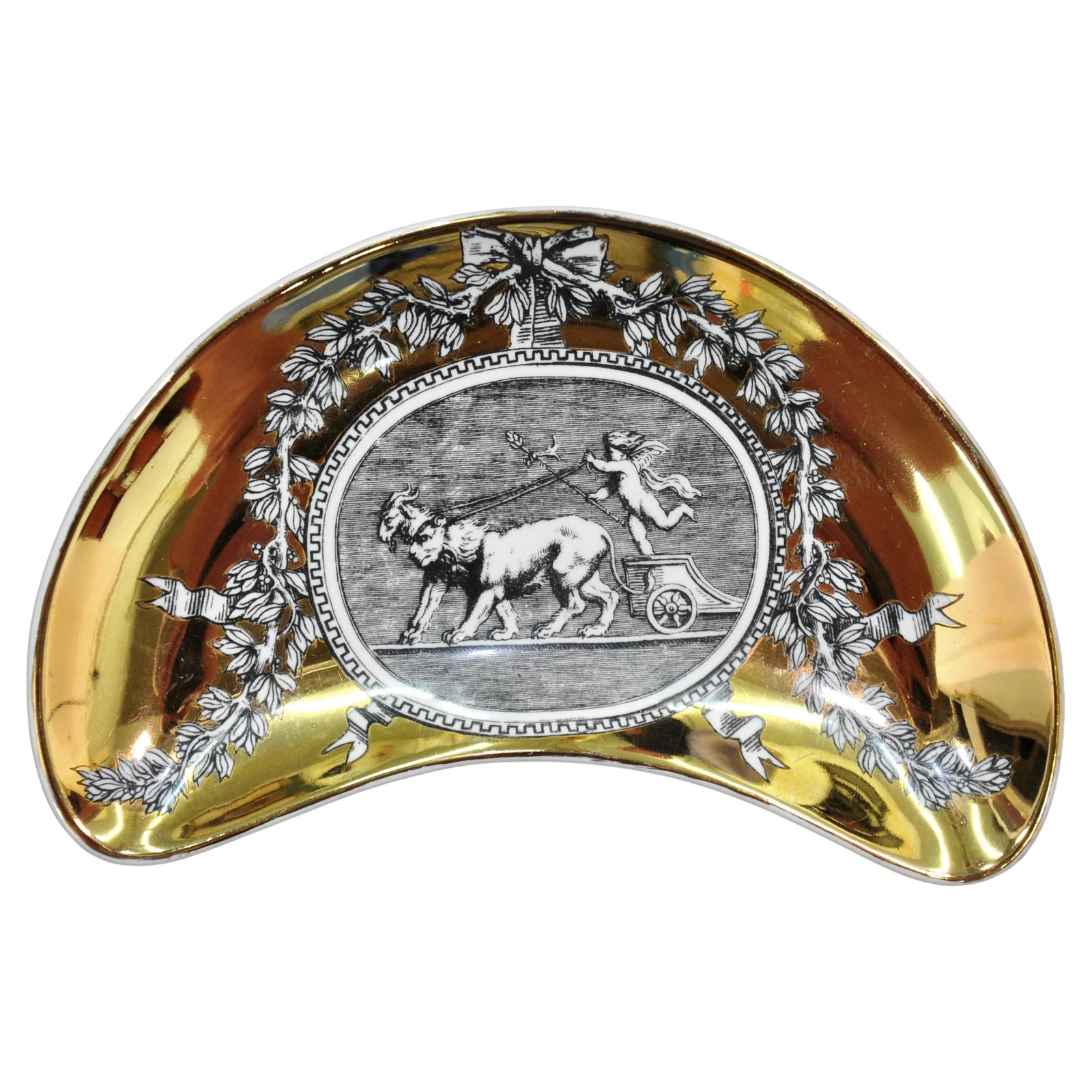 Set of Piero Fornasetti Medaglioni Gilt Porcelain Crescent Catchall Plates, 1960s - 5